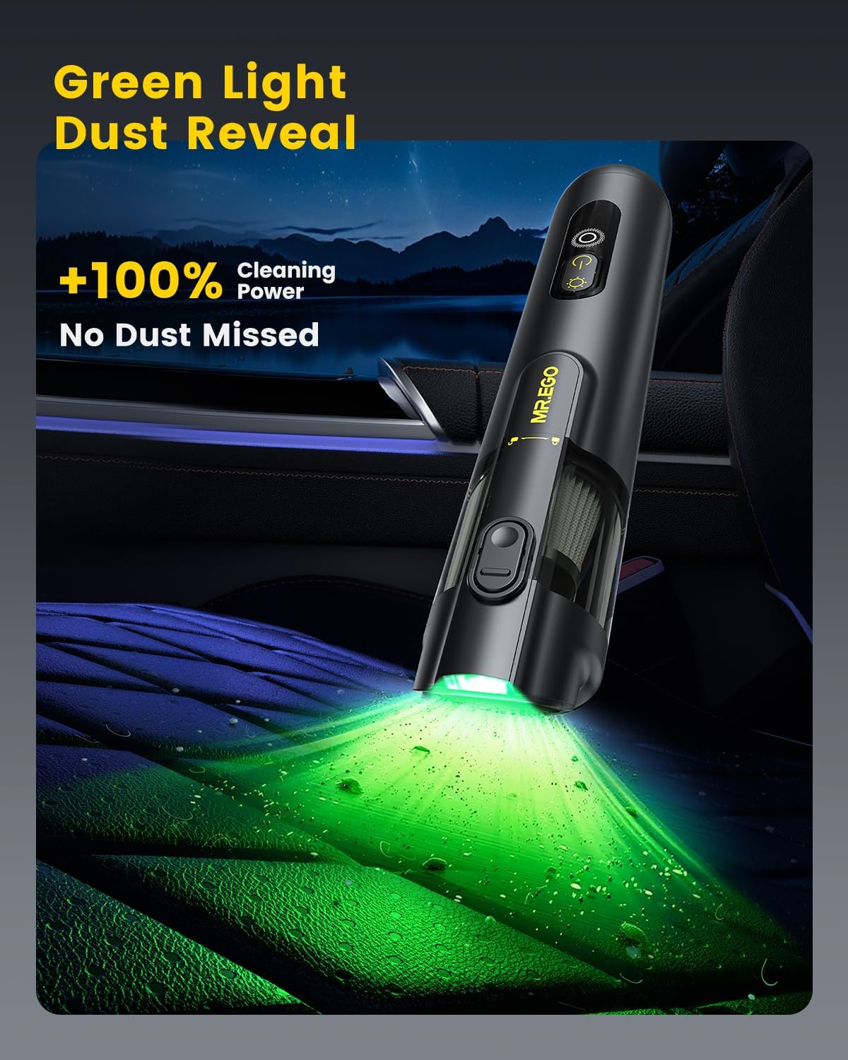 Mr.ego Handheld Car Vacuum - Portable 4-in-1 Mini Vacuum with 18500Pa Suction | Black with Green LED Light