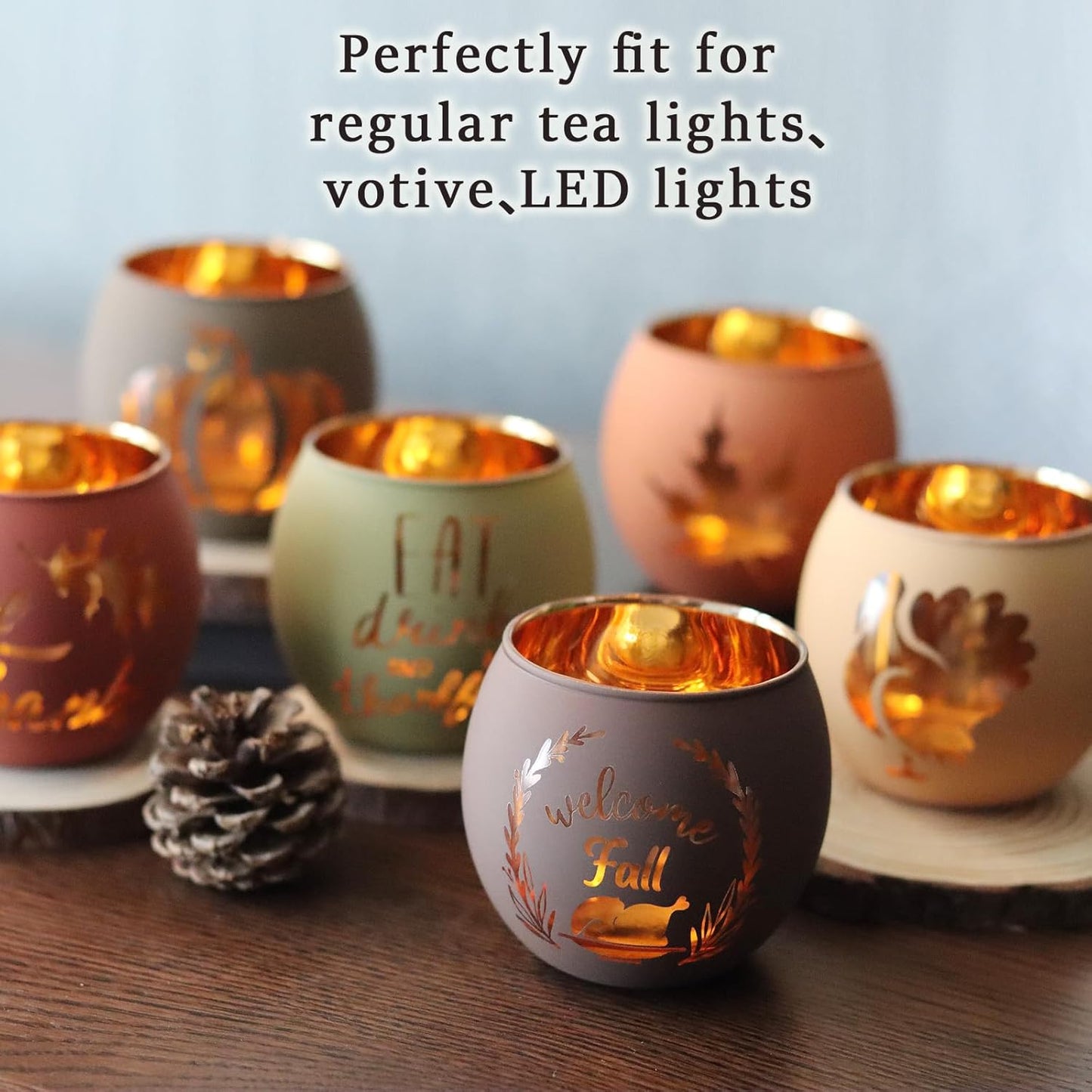 Thanksgiving Votive Candle Holder Set by [Brand Name] - 6 Glass Holders with Laser Engraved Designs for Fall Centerpiece Decor