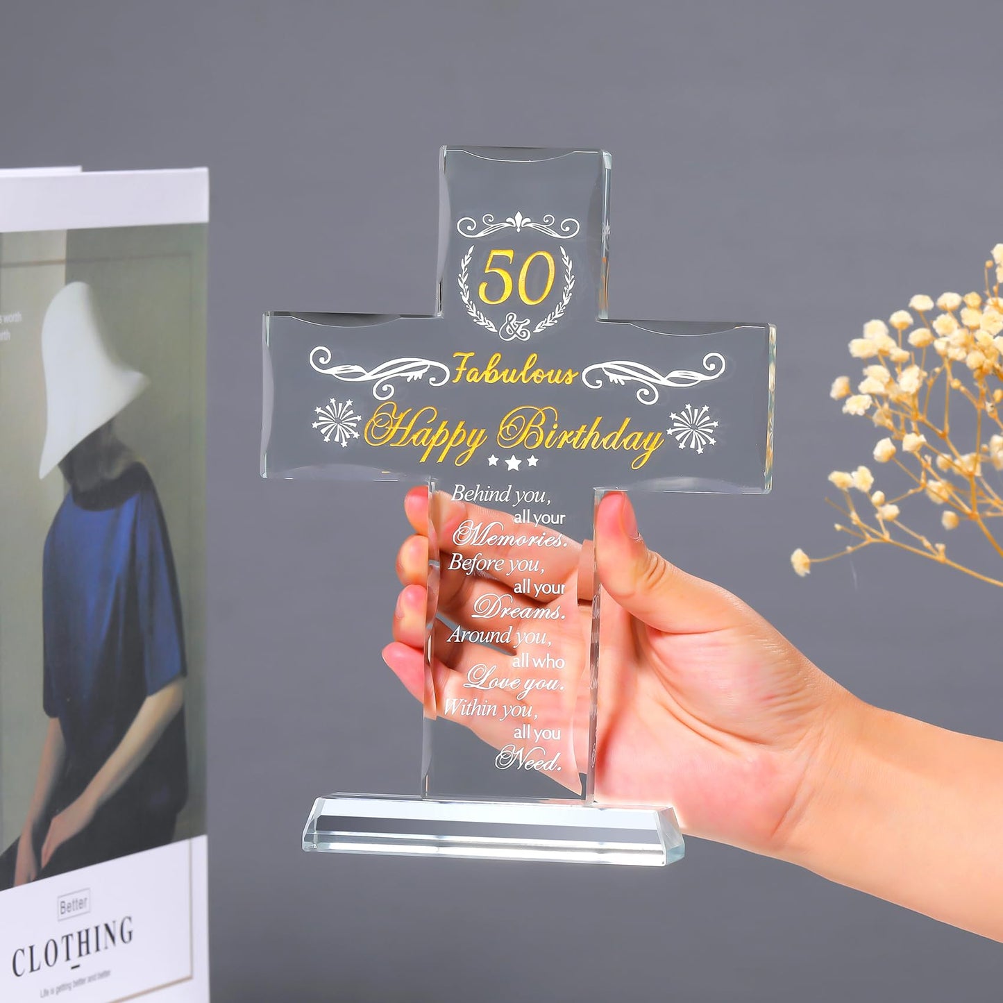 50th Birthday Religious Gifts for Women, Men - Glass Stand Cross Engraved with 50 Year Old Birthday Blessing for Sister, Friend, Wife - Turning 50 Keepsake Home Decor