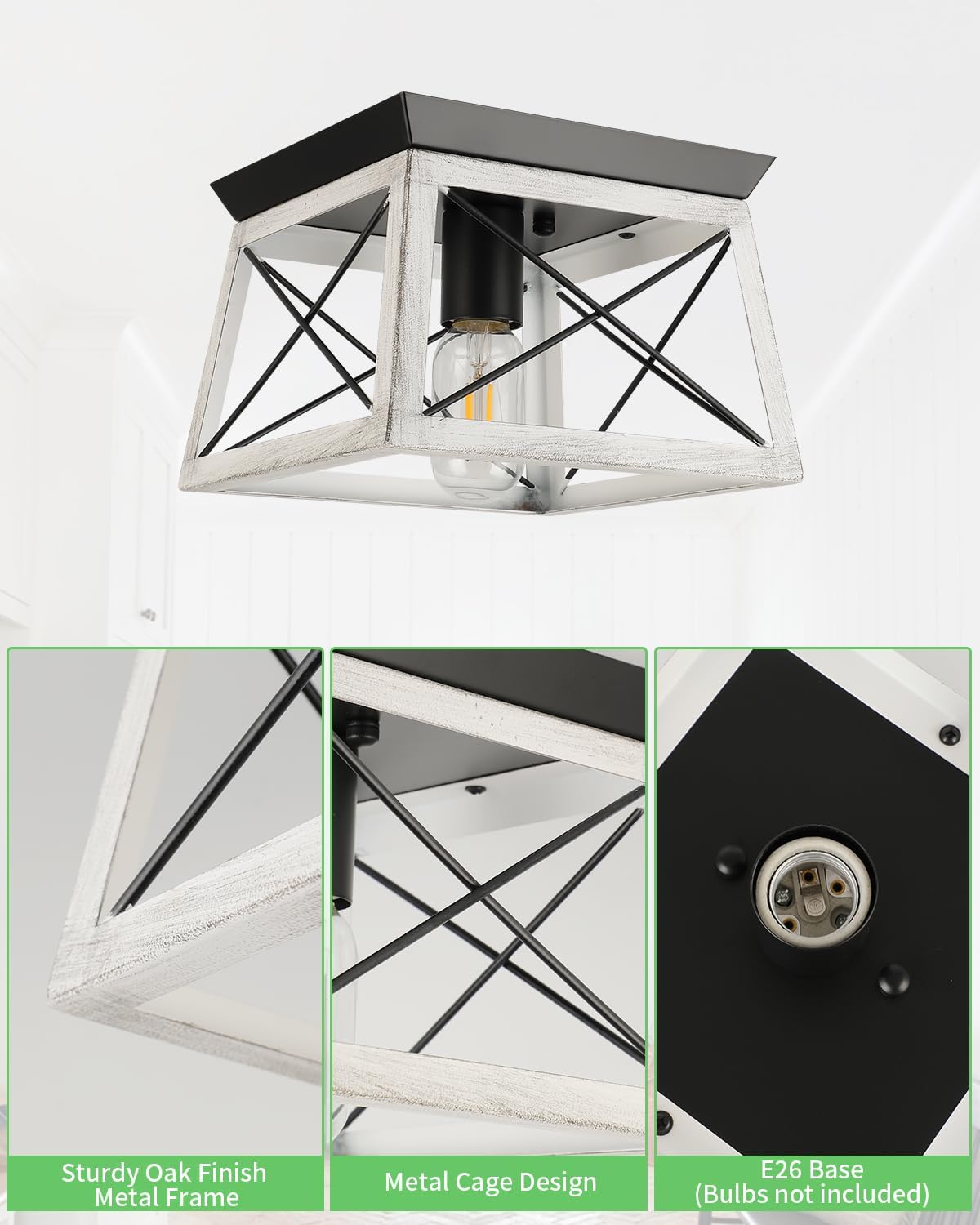 Farmhouse Flush Mount Ceiling Light Oak White Ceiling Light Fixtures 2-Light Industrial Vintage Metal-Framed Ceiling Lighting for Hallway Foyer Kitchen Dining Room Bedroom Living Room Laundry