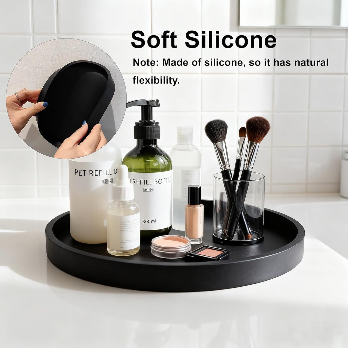 Skiennix Silicone Bathroom Tray - 9-Inch Round Vanity Tray for Candles, Perfumes, Soap Dispensers | Black