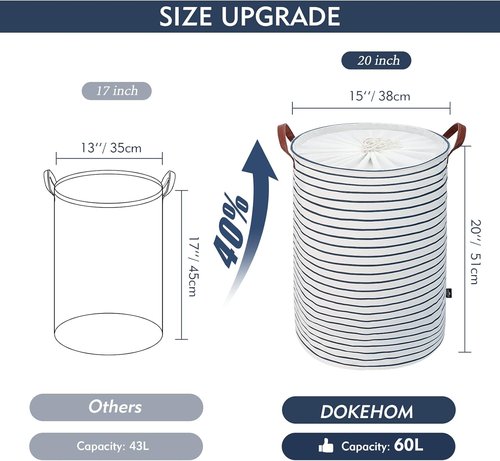 DOKEHOM 20-Inch Freestanding Laundry Basket - Collapsible Drawstring Hamper with Lid & Handle (Blue Stripe, L)