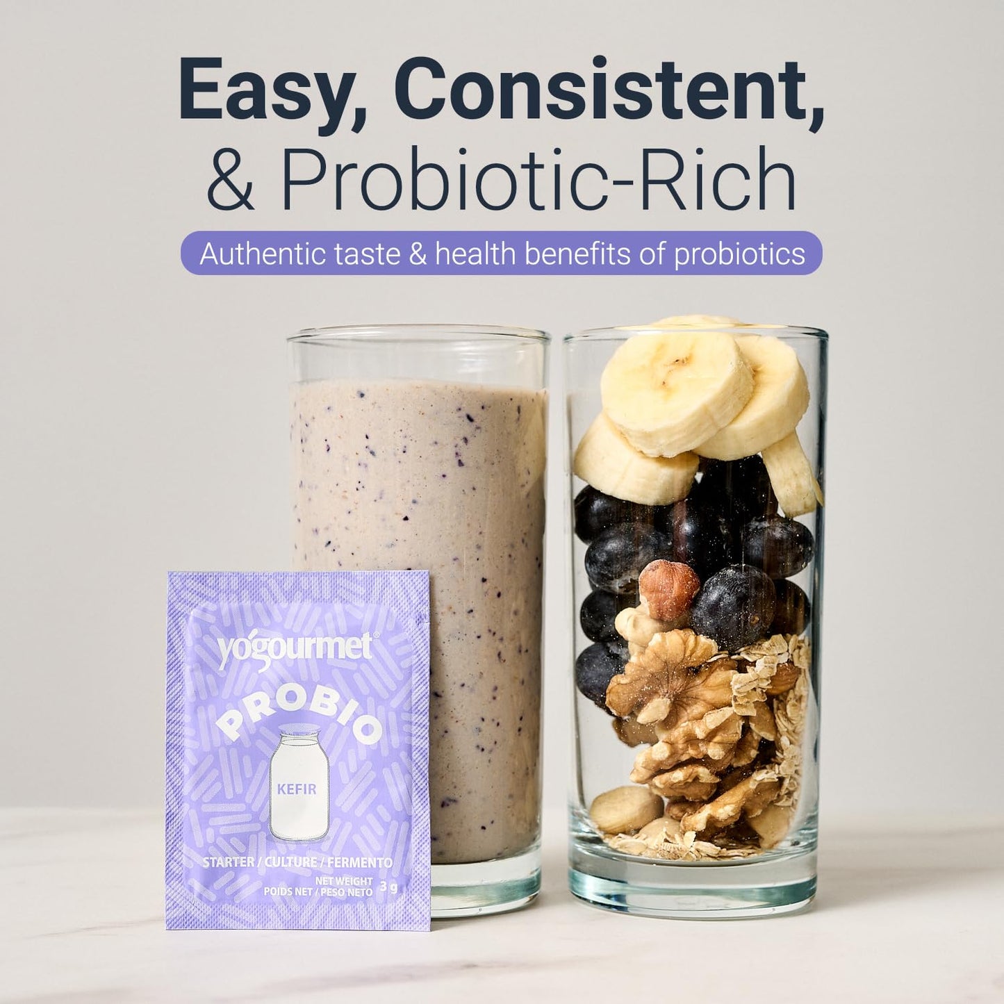 Yogourmet Kefir Starter with Probiotics (12 Sachets = 12 Quarts of Kefir) - Make Kefir at Home - Starter Culture - All Natural, Gluten Free, Kosher, Halal - 3 g Sachets