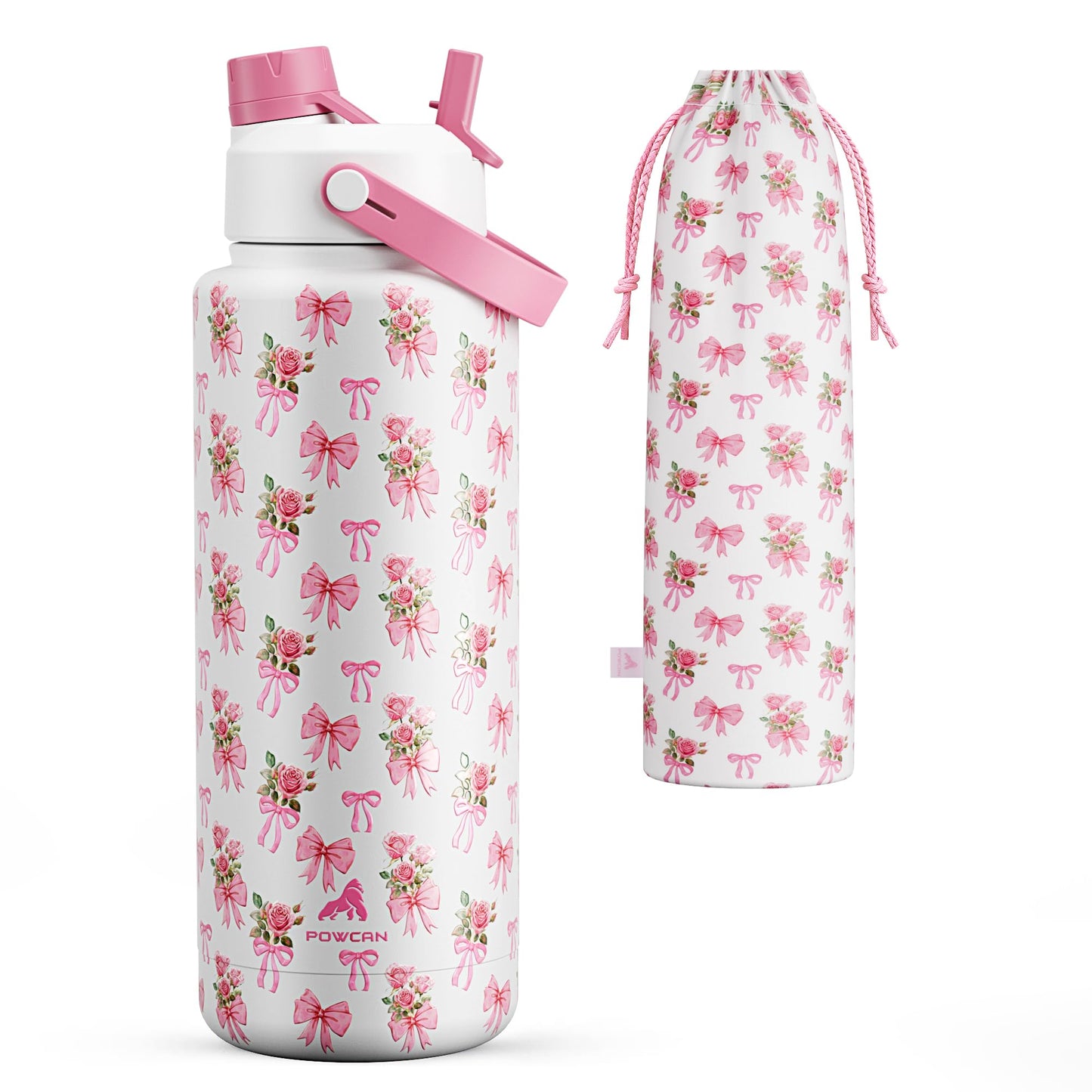 POWCAN 40 oz Insulated Water Bottle with 2-in-1 Straw and Spout Lid, Keep Cold 24H, Leak-Proof, BPA-Free, Double Wall Stainless Steel Water Bottle for Sports, Gym, Travel, Gift, Holiday (Rosy Bouquet)