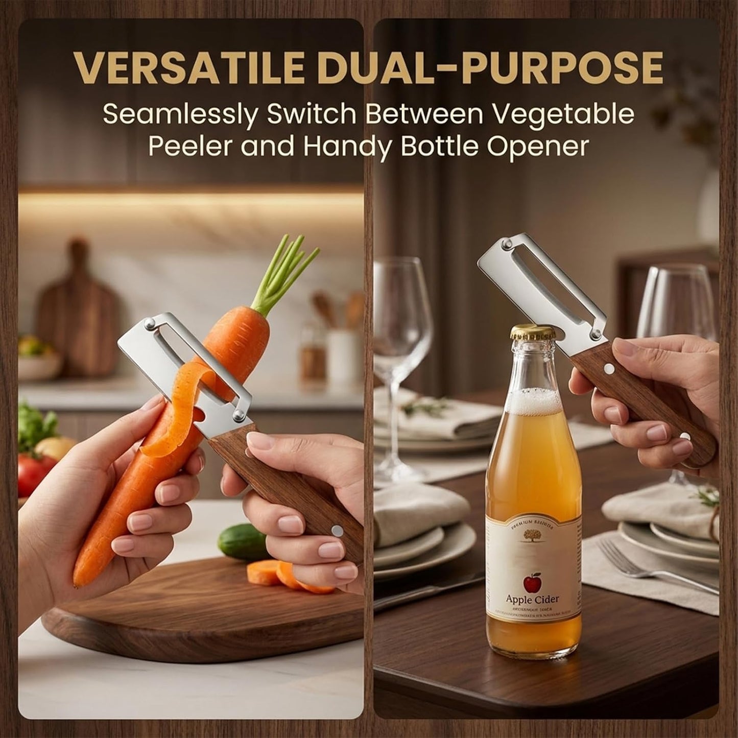 Sakerplus 2-in-1 Vegetable Peeler - Multifunctional Potato Peeler with Wooden Handle & Stainless Steel Blade