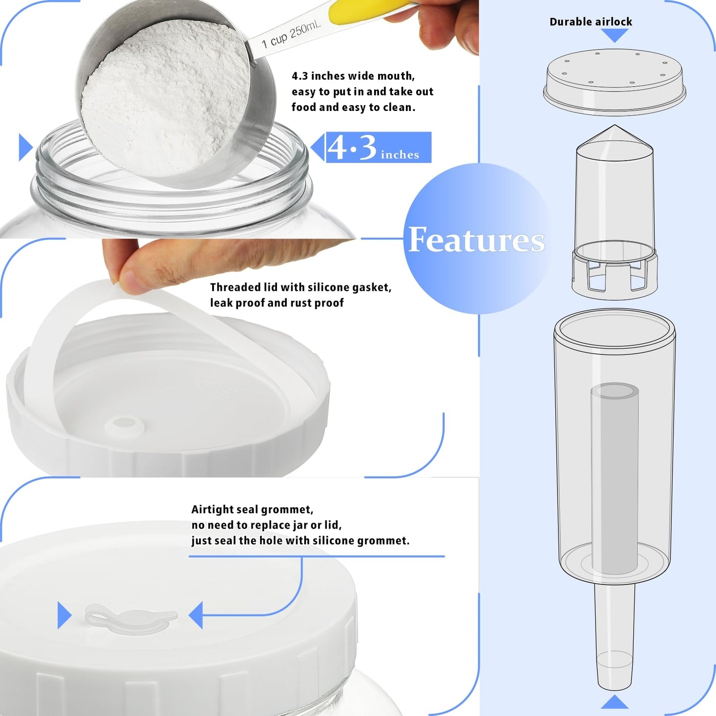 Folinstall 2 Pack 1 Gallon Large Fermentation Jars w 2 SCREW Lid and 3 Airlock - 100% Airtight Lid, Wide Mouth Glass Jar, Pickle Jar w Scale Mark for Sourdough Starter