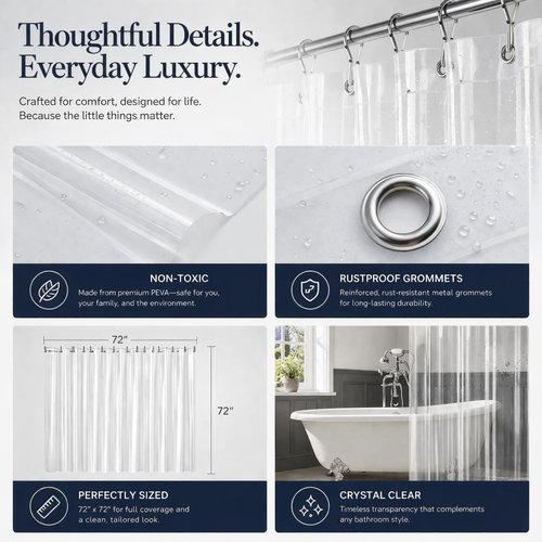 EHZNZIE Heavy Duty Shower Curtain Liner - Crystal Clear, Waterproof PEVA, 72x72, Rustproof Grommets, 3 Weighted Magnets