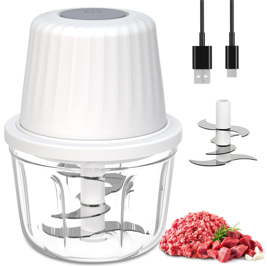 Mini Food Chopper Cordless, 400ml Small Food Processor 1.6Cup, Battery USB-C Rechargeable Electric Garlic Chopper Wireless, Portable Meat Grinder Mincer Veggie Blender Kitchen Mixer w/ 6 Blades, White