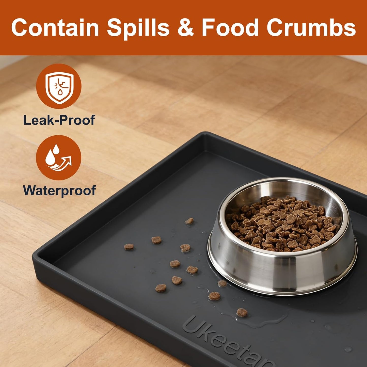 Ukeetap Extra Thick Silicone Dog & Cat Food Mat - Waterproof, Non-Slip, 19” x 12”, Black