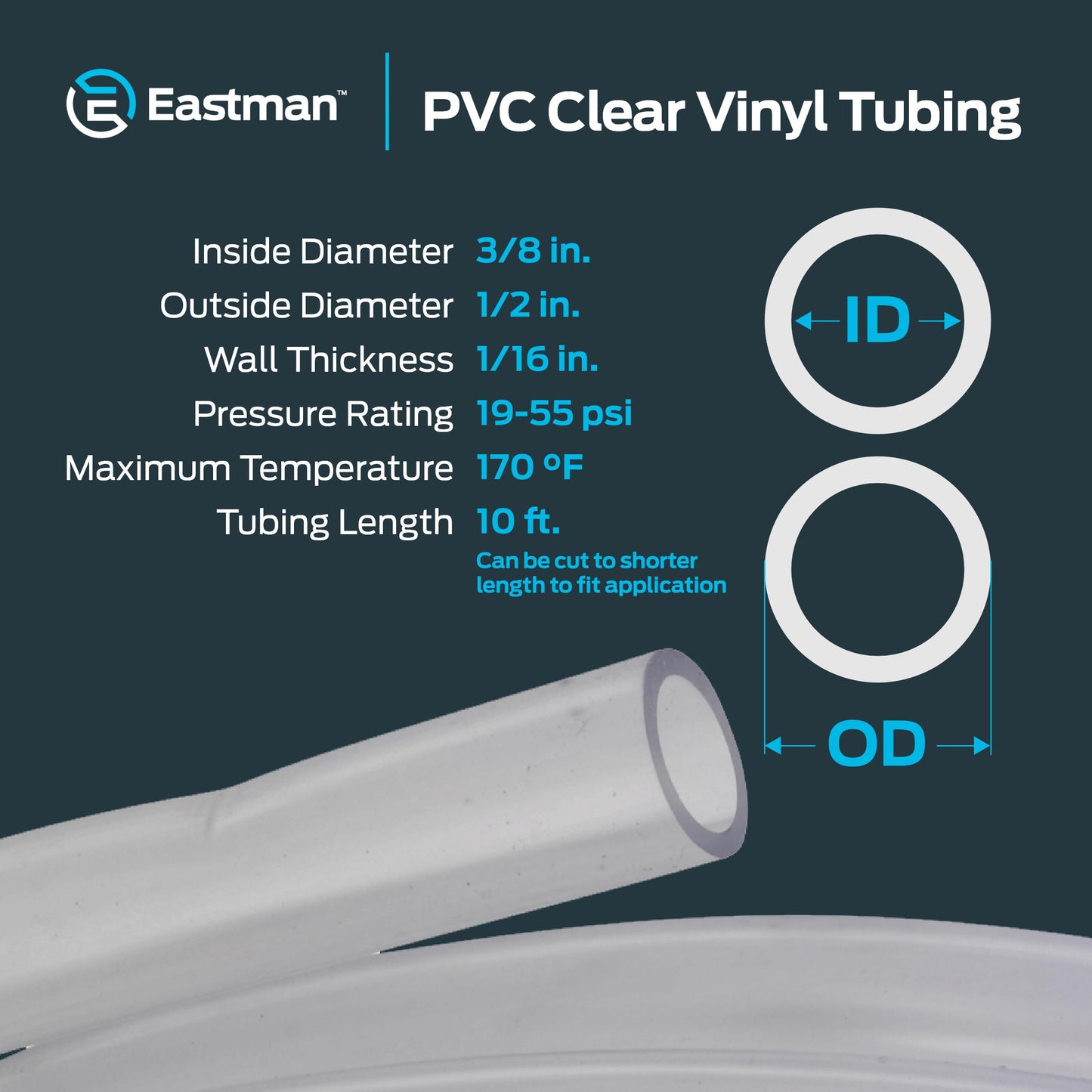 Eastman 3/8 Inch ID (1/2 Inch OD) PVC Clear Vinyl Tubing, 10 Foot Length, 98620