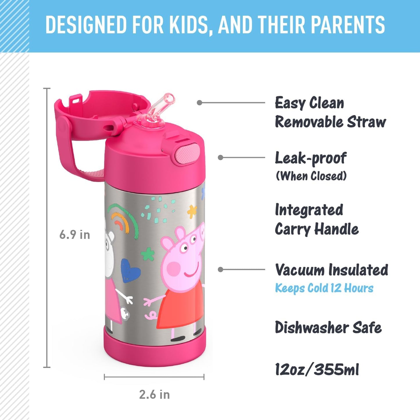 THERMOS FUNTAINER Water Bottle - 12 Ounce Kids Stainless Steel Insulated Bottle with Straw | Peppa Pig Design