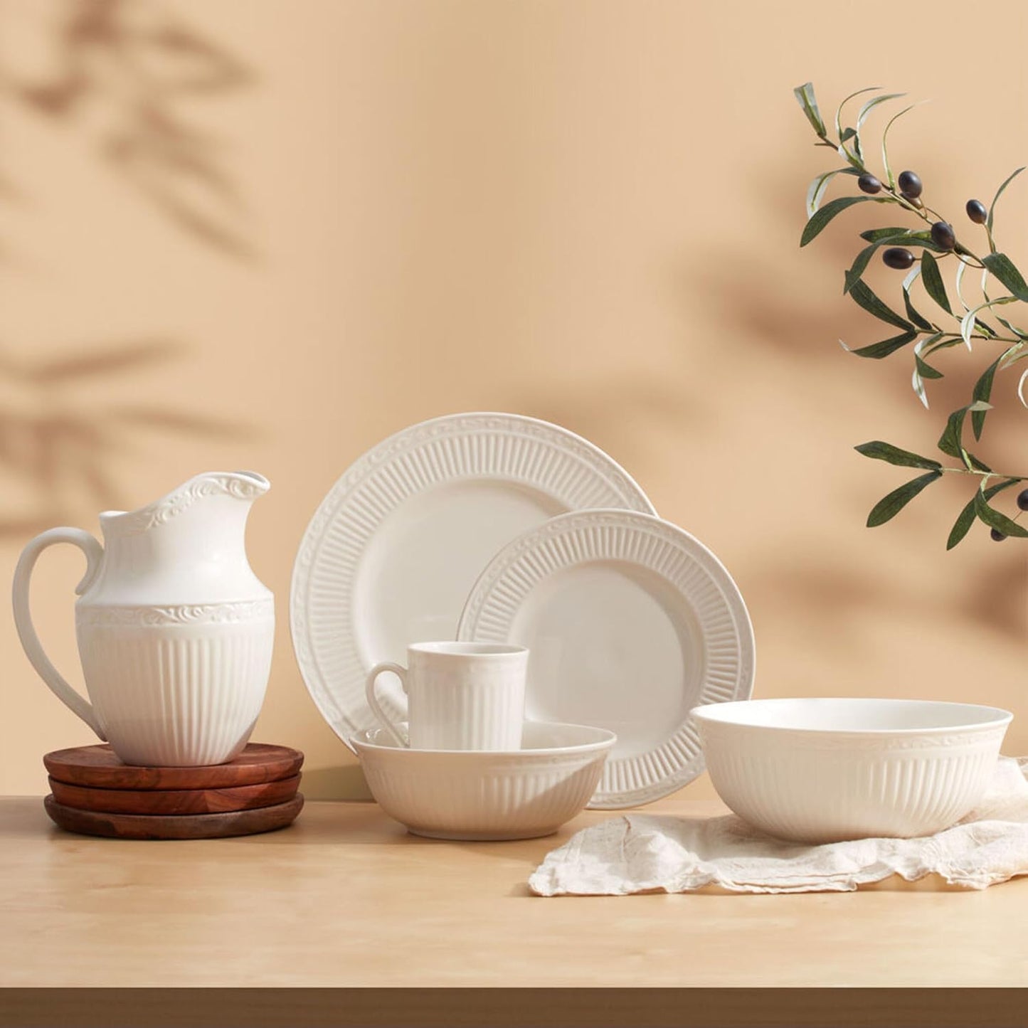 Mikasa Italian Countryside Salad Plates - Set of 4 Classic Embossed White Porcelain, 8.25 Inch, Microwave & Dishwasher Safe