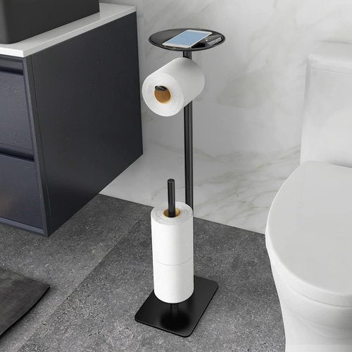 Feilern Toilet Paper Holder Stand - Floor-Standing Dispenser with Top Storage Shelf - Black