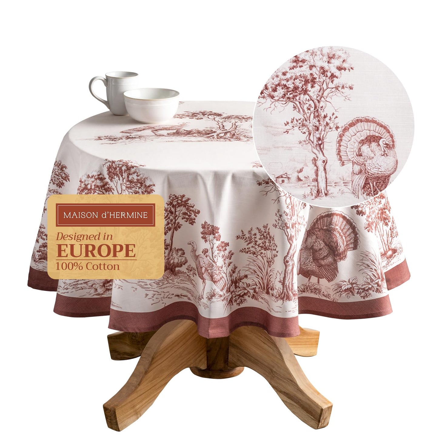 Maison d' Hermine Table Cloth Round Table 100% Cotton 69 Inches Fall Tablecloth Reusable Everyday Use for Thanksgiving Christmas Decorations Dining Farmhouse Party (Holy Jouy - Brown)
