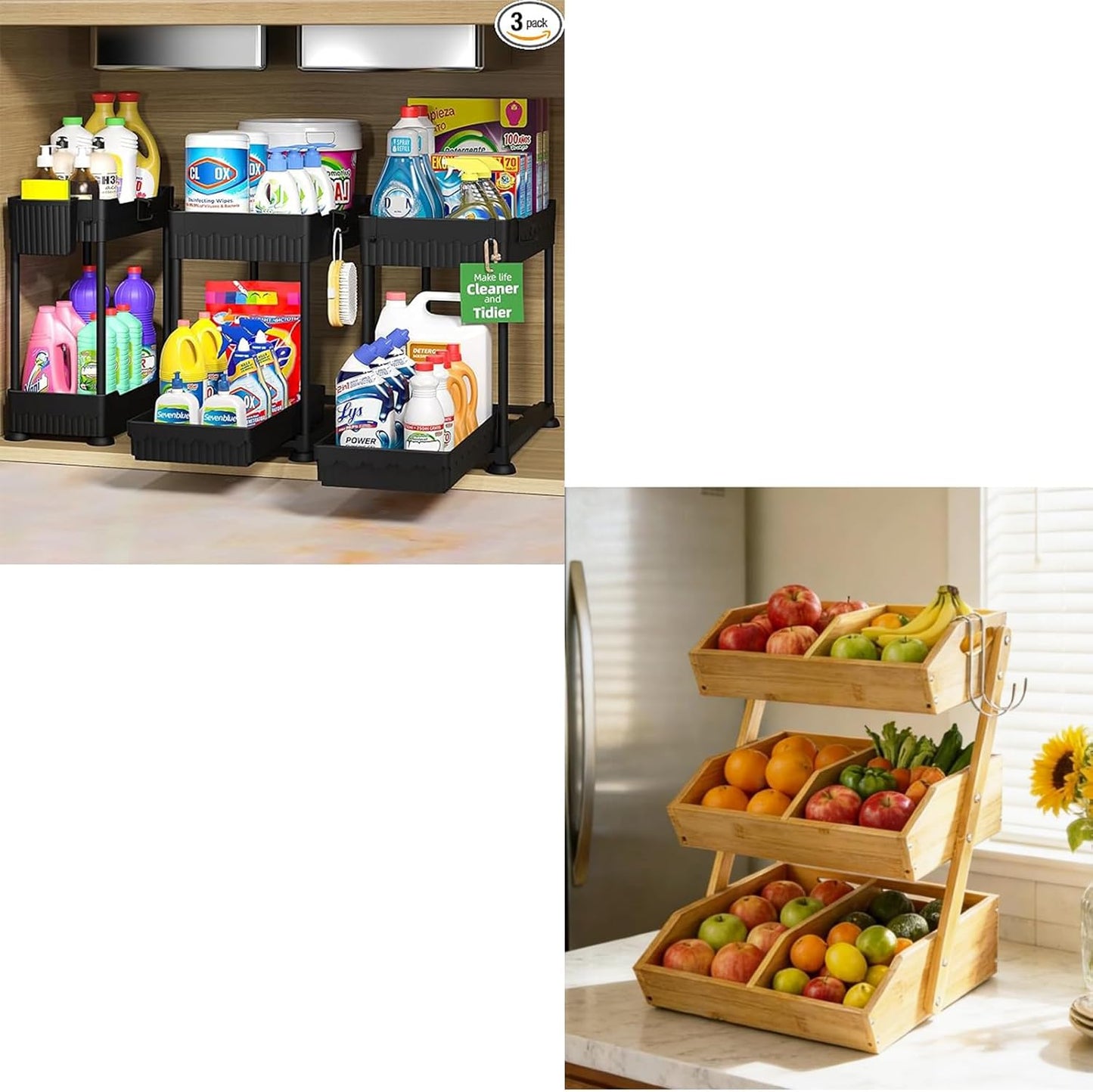 Sevenblue 3-Tier Wooden Fruit Basket - Height Adjustable with 2 Mobile Banana Holders | 2-Pack Under Sink Organizer