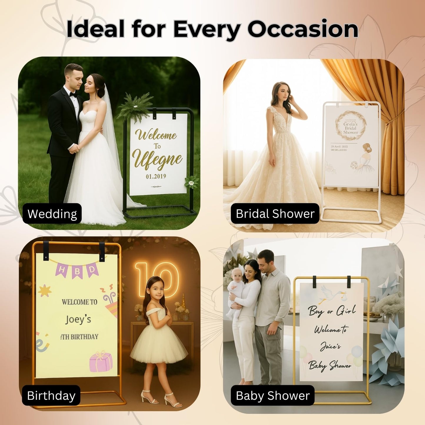 Merrifete Welcome Sign Stand, Adjustable Sign Holder Stand w/ Poster Design Templates & Leather Straps, Heavy Duty Metal Easel for Wedding, Bridal Shower, Birthday Party, Baby Shower, 68" x 30" x 20"