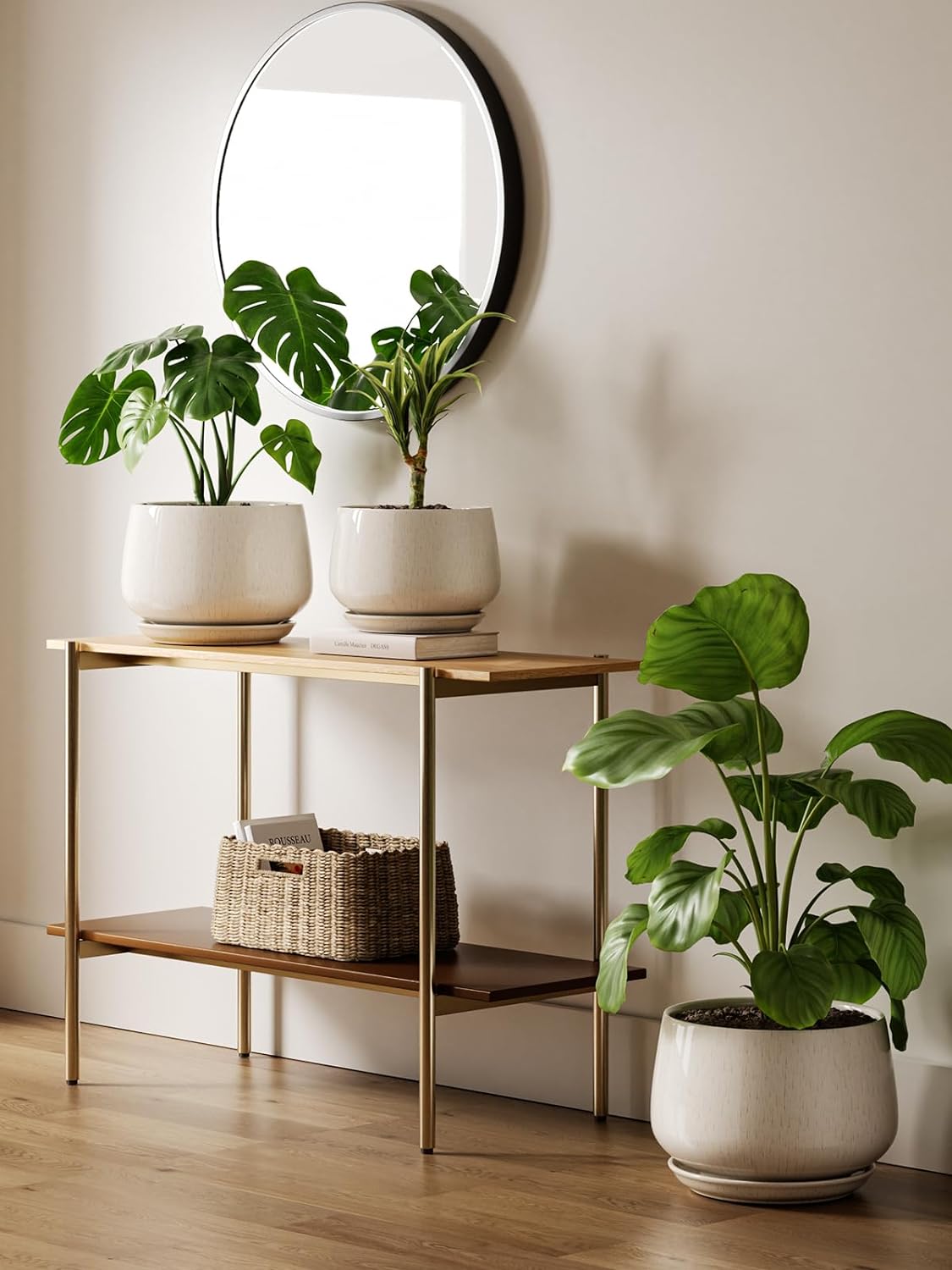 LE TAUCI Ceramic Planter - 10 Inch Pot with Drainage Hole & Saucer | Durable Reactive Glaze Beige for Modern Decor