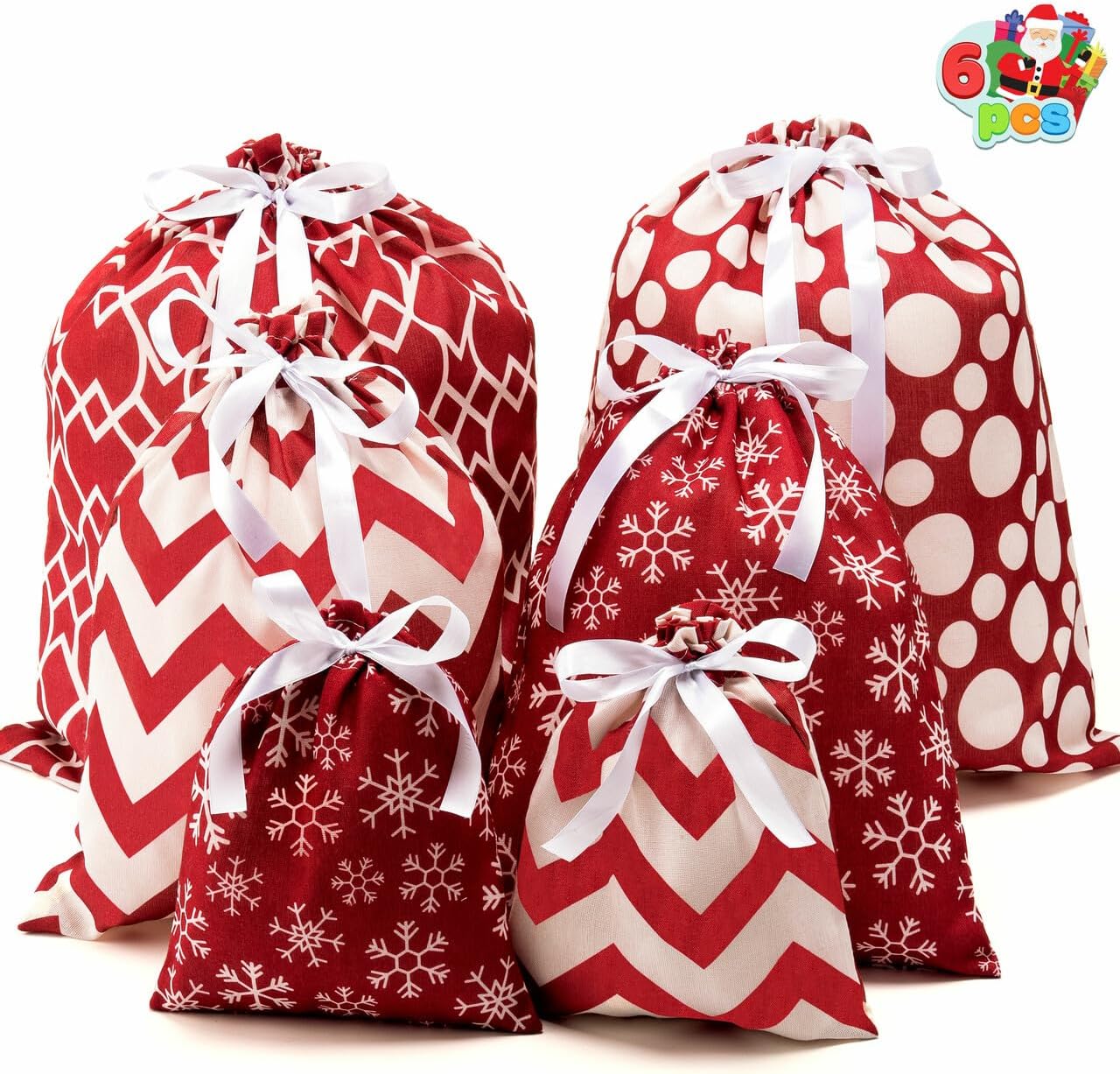 JOYIN 6-Piece Fabric Gift Bags - Elegant Red Design for All Seasons | Perfect for Holiday Present Giving