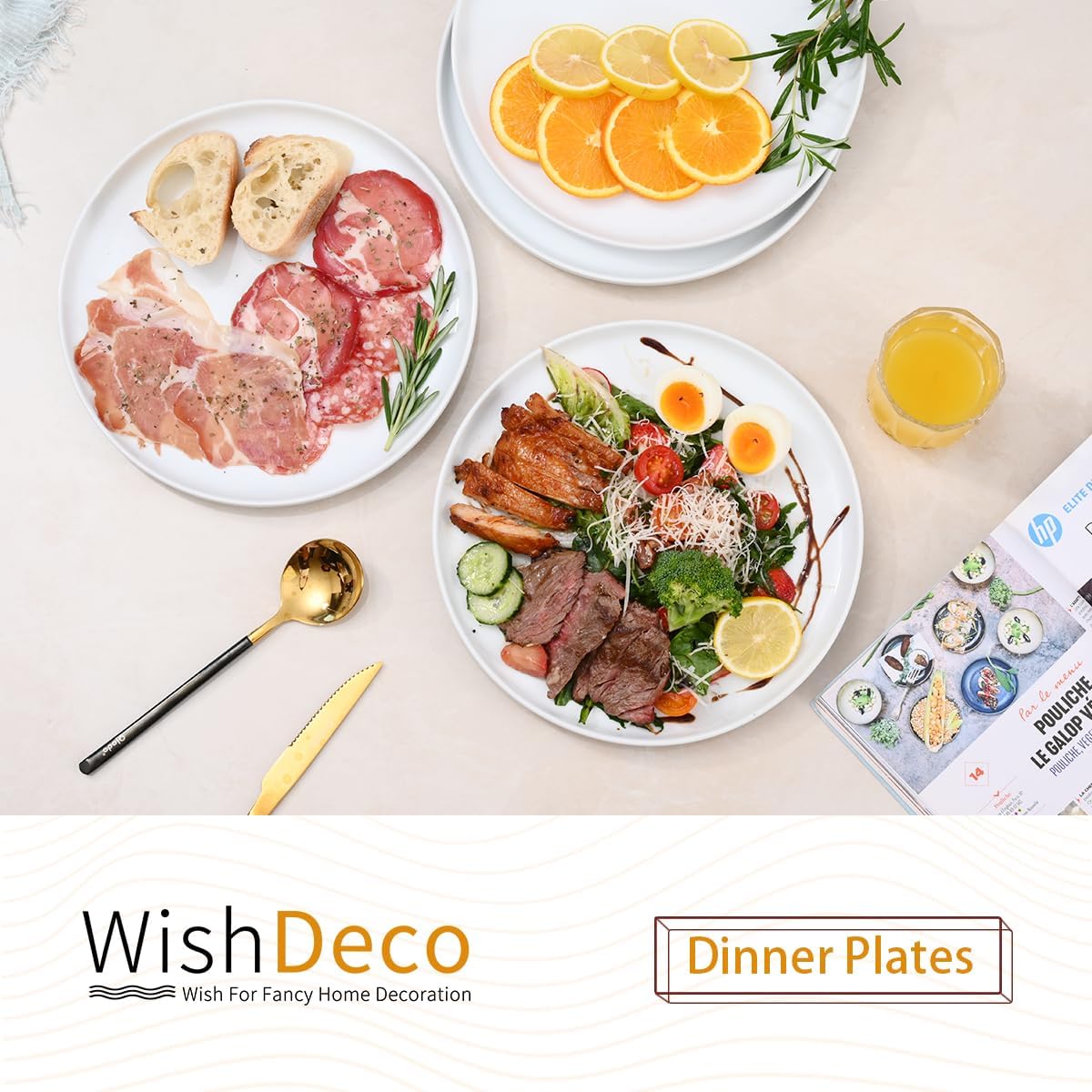 WishDeco White Dinner Plates - Set of 4 Ceramic 10.5-Inch Dining Plates | Microwave & Dishwasher Safe
