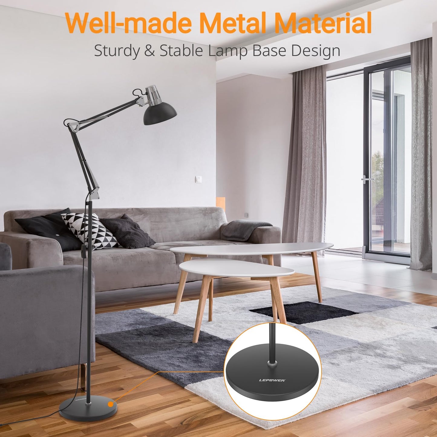 LEPOWER Floor Lamp, Swing Arm Floor Standing Lamp, Industrial Floor Lamp with Heavy Metal Base, E26 Lamp Base Floor Light, Modern Reading Lamp for Living Room, Bedroom, Study Room, Office Black