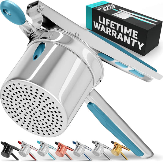 PriorityChef 15oz Potato Ricer - Heavy Duty Stainless Steel Masher for Perfect Mashed Potatoes | Silver & Turquoise