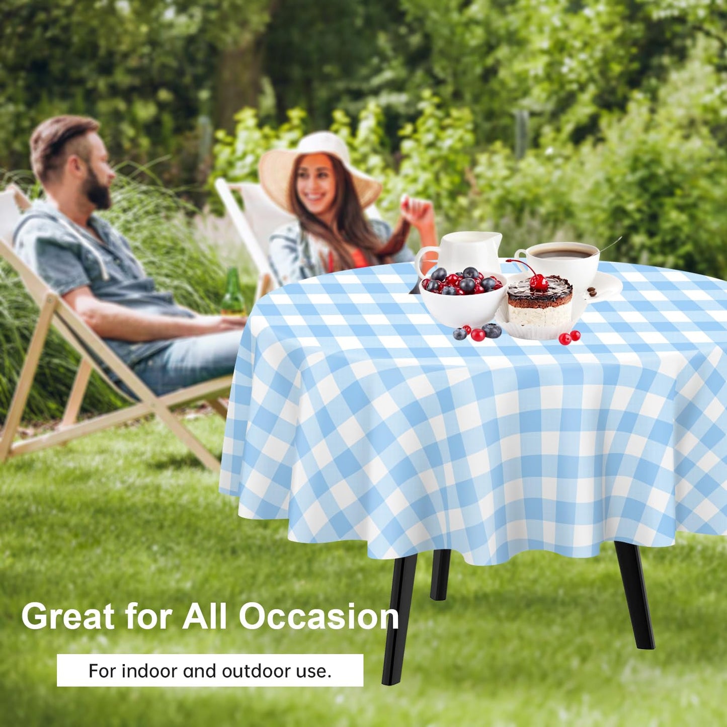 QIKSION Blue Gingham Round Tablecloth 2 Pack, 84 Inch Plastic Checkered Table Cover Disposable for Parties