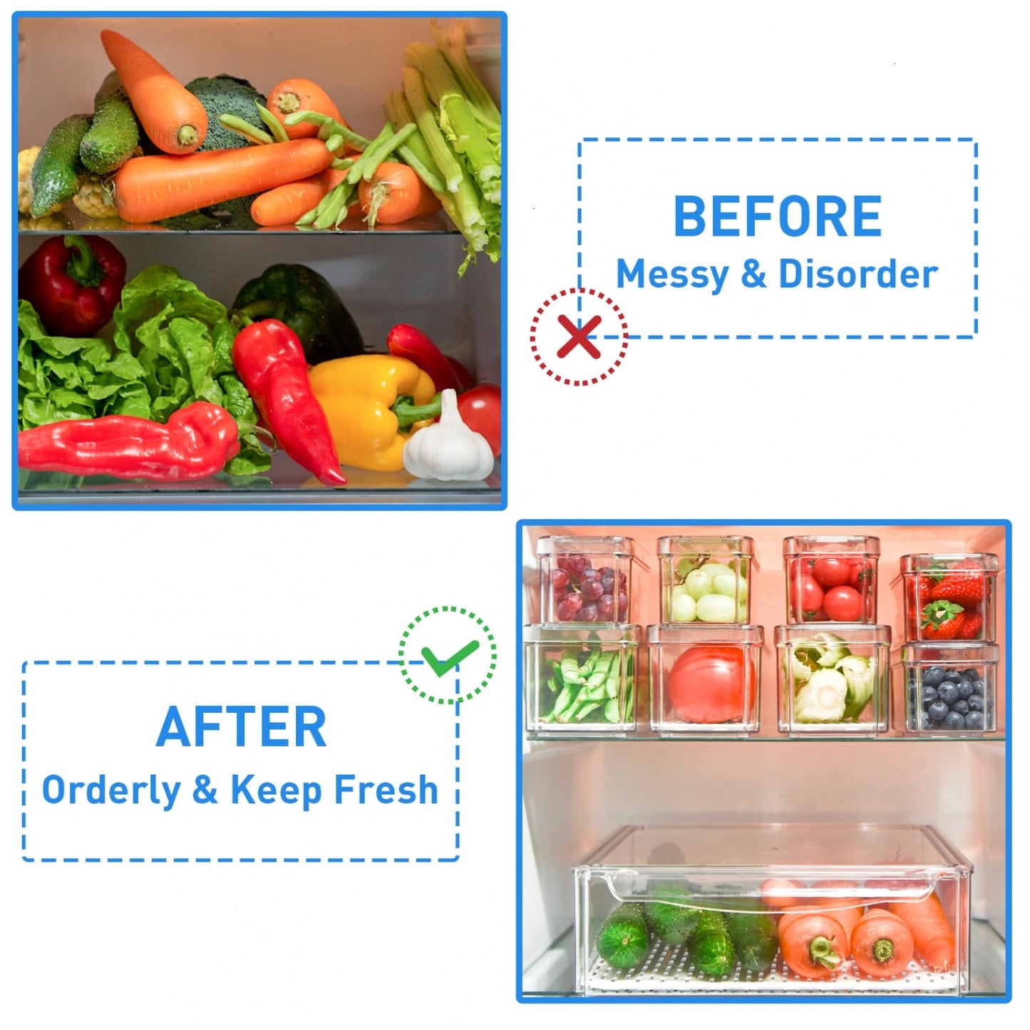 POMEAT 10-Pack Stackable Fridge Organizer Bins with Lids - Clear Produce & Food Storage Containers