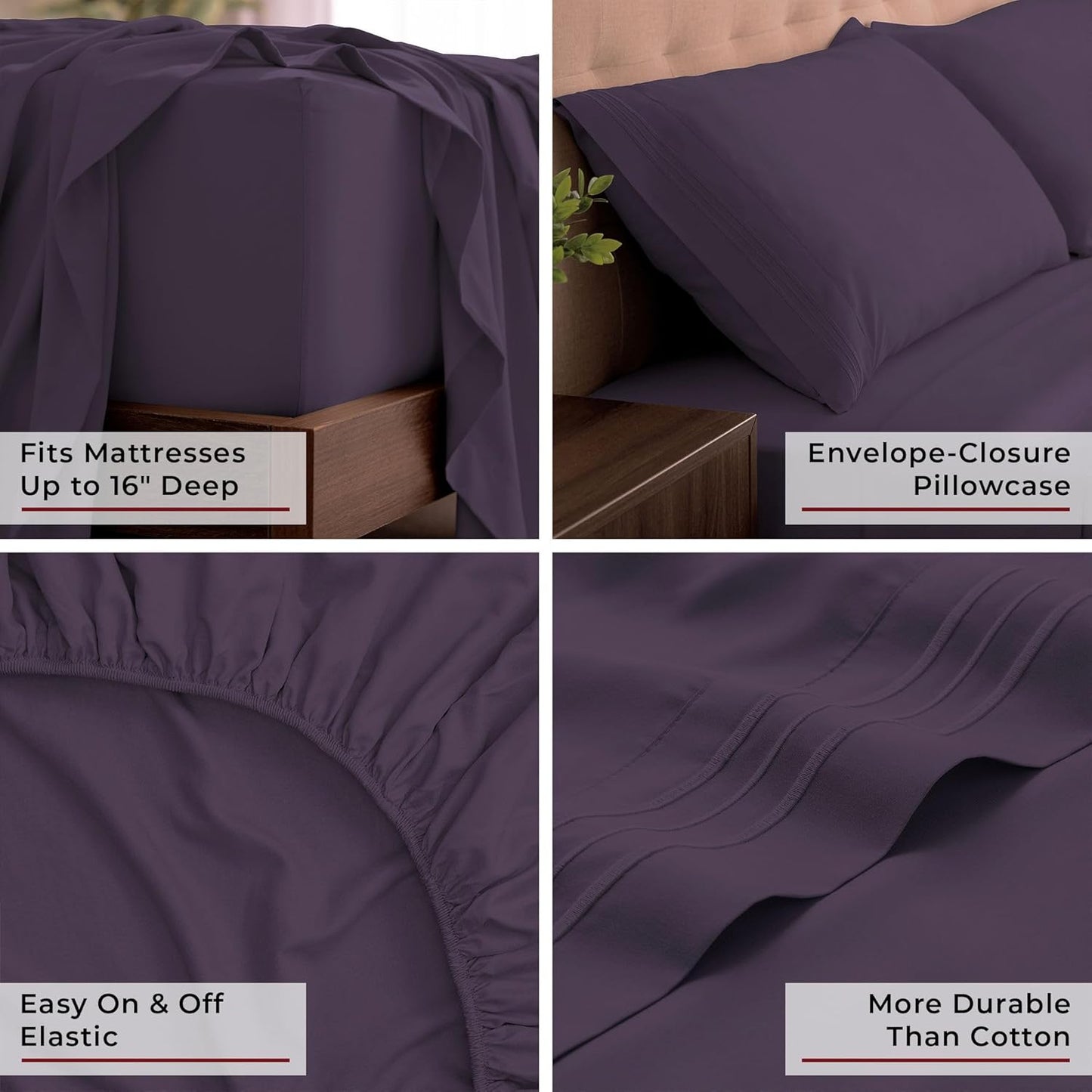 Mellanni King Sheets Set - Luxury 4-Piece Bedding | Extra Soft, Cooling, Wrinkle-Resistant (King, Purple)