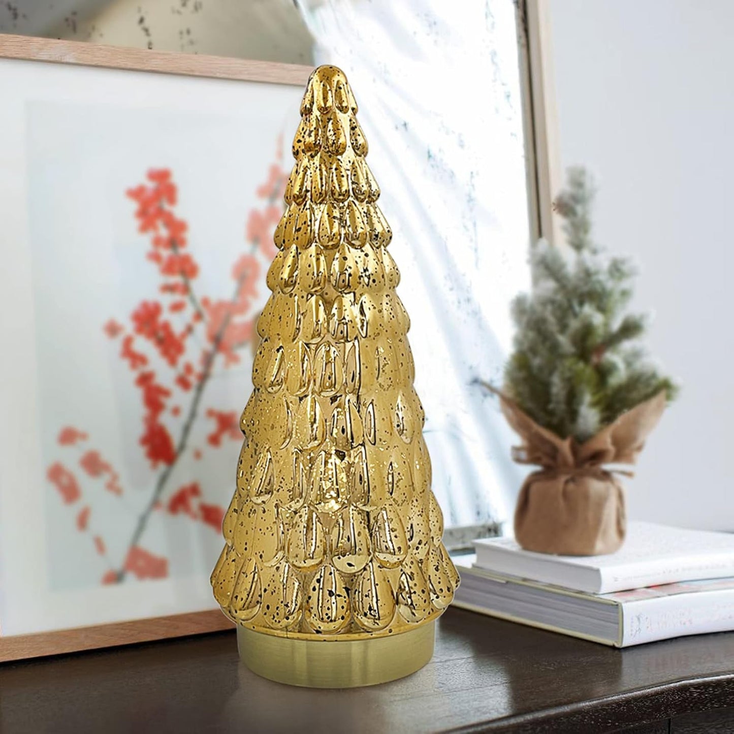 SHMILMH Gold Mercury Glass Christmas Tree Set - Battery Operated Tabletop Xmas Tree | 10" Decorative Centerpiece