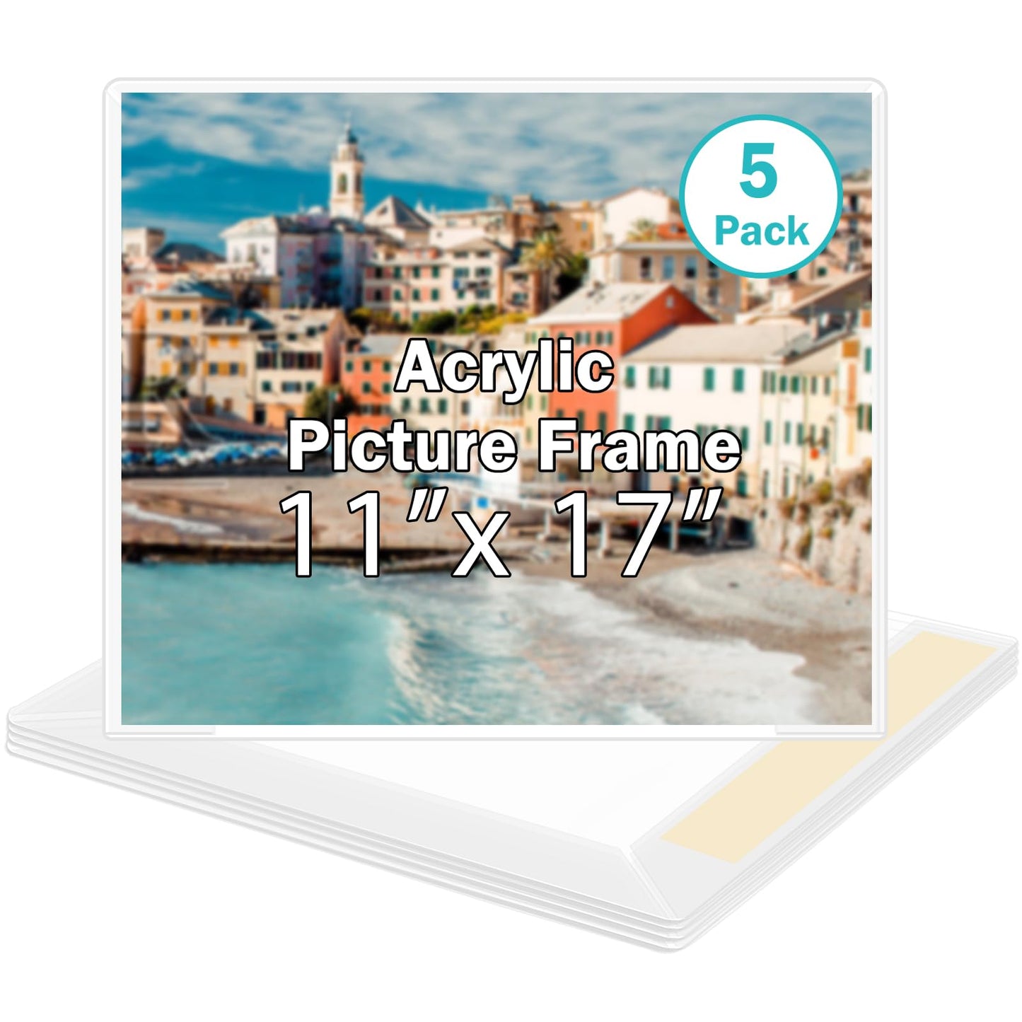 Wbtran 11x17 Acrylic Picture Frame, Clear Frameless Photo Frame for Wall Mount, No Drilling Picture Frames with Tape, Pack of 5 Floating Hanging Picture Frames for Home, School, Office
