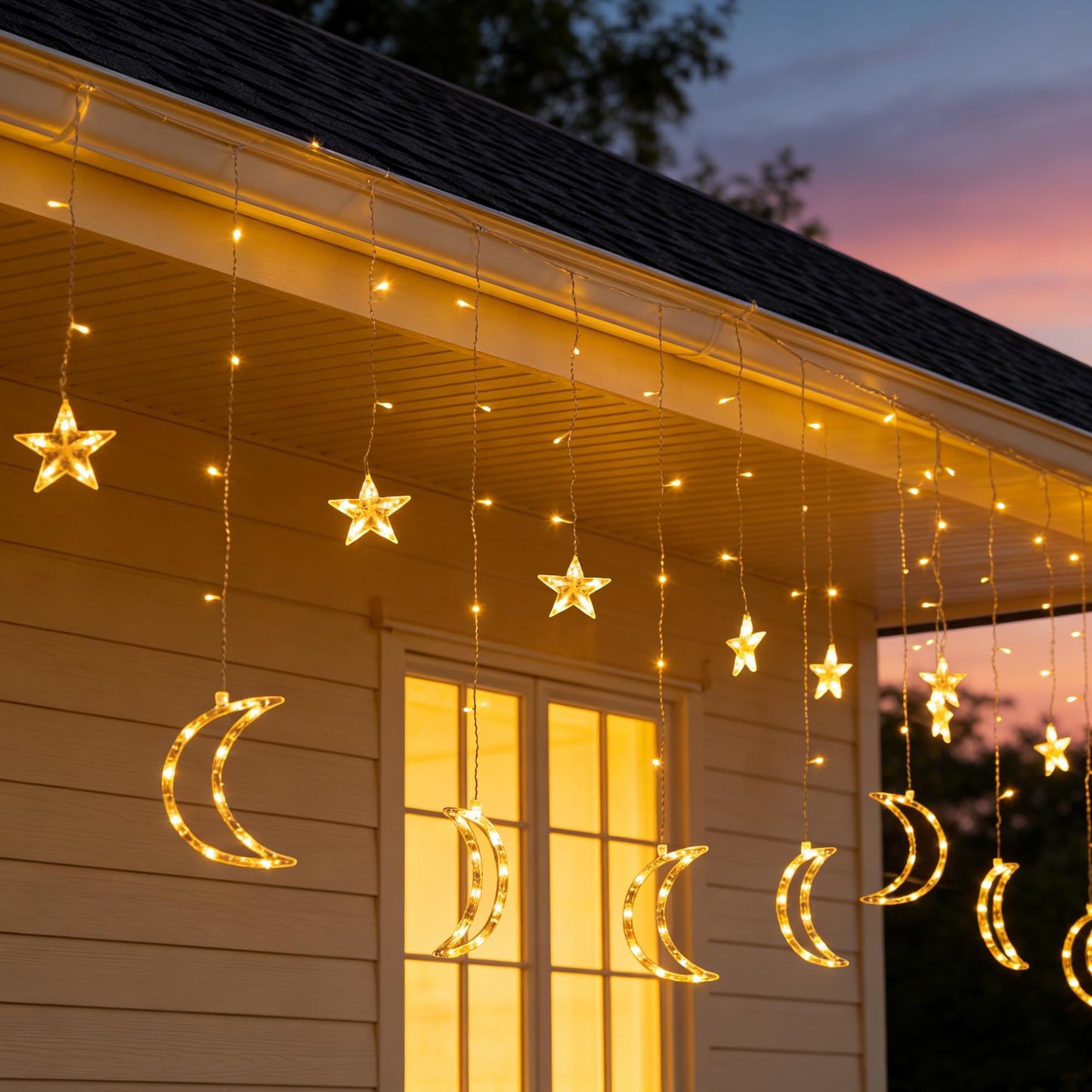 TW SHINE Ramadan Star Moon Curtain String Lights, 138 LED 8.2 FT Star Moon Hanging Lights with 8 Modes and Timer, Waterproof Fairy Lights for Indoor Outdoor Window Holiday Mubarak Ramadan Decorations