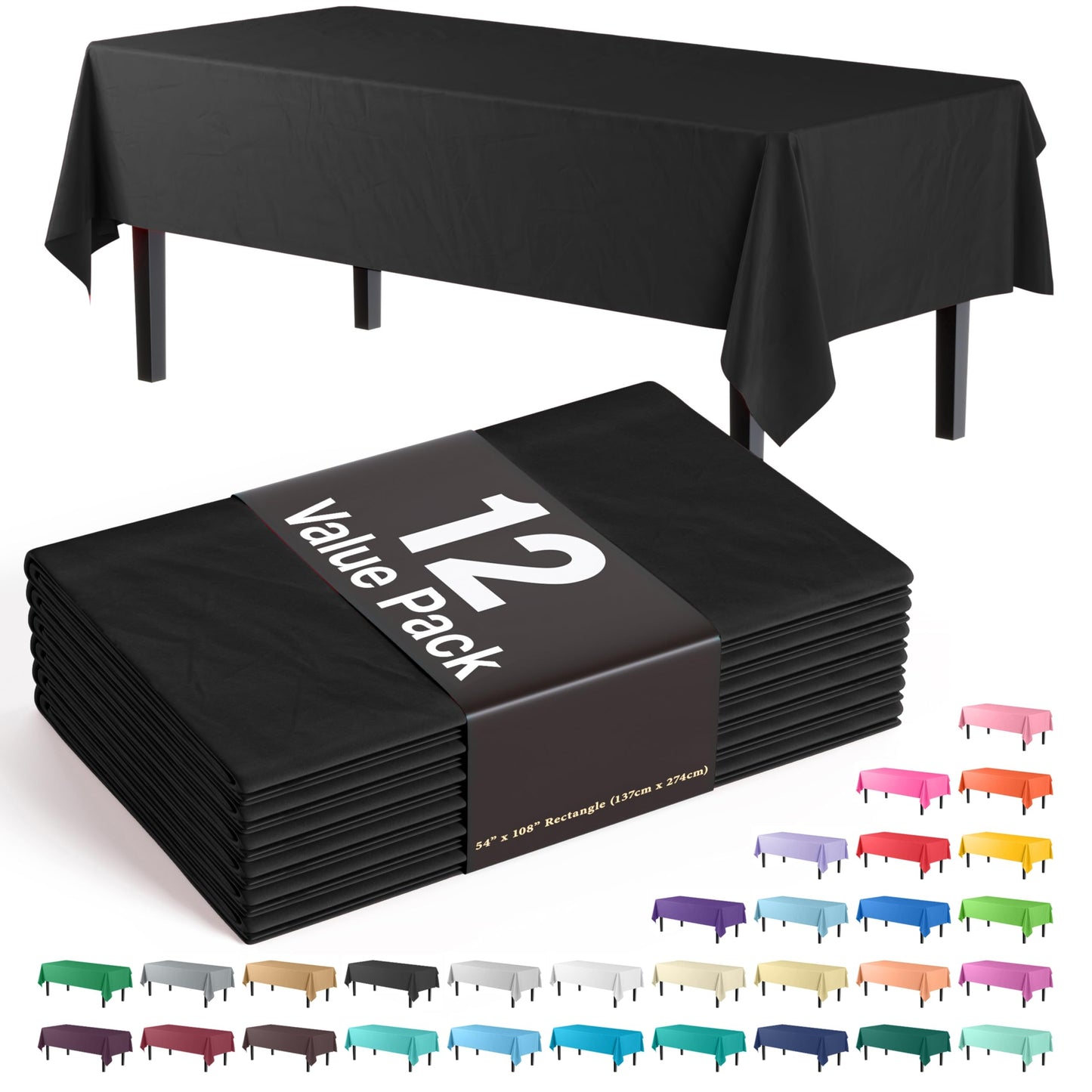 Exquisite 12-Pack Plastic Tablecloth 54x108 Rectangle Value Pack Plastic Table Cover - Black