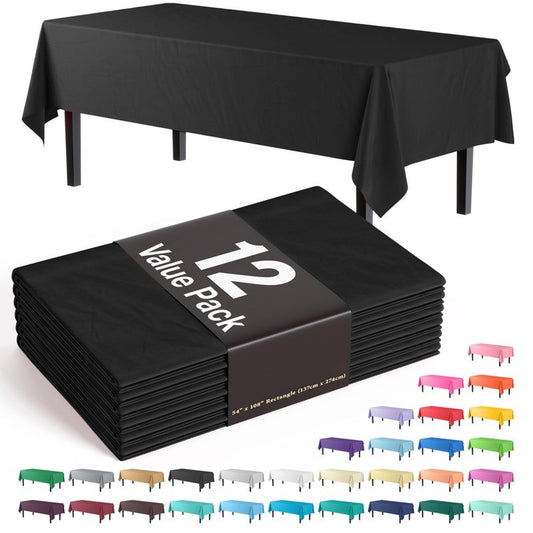 Exquisite 12-Pack Plastic Tablecloth 54x108 Rectangle Value Pack Plastic Table Cover - Black