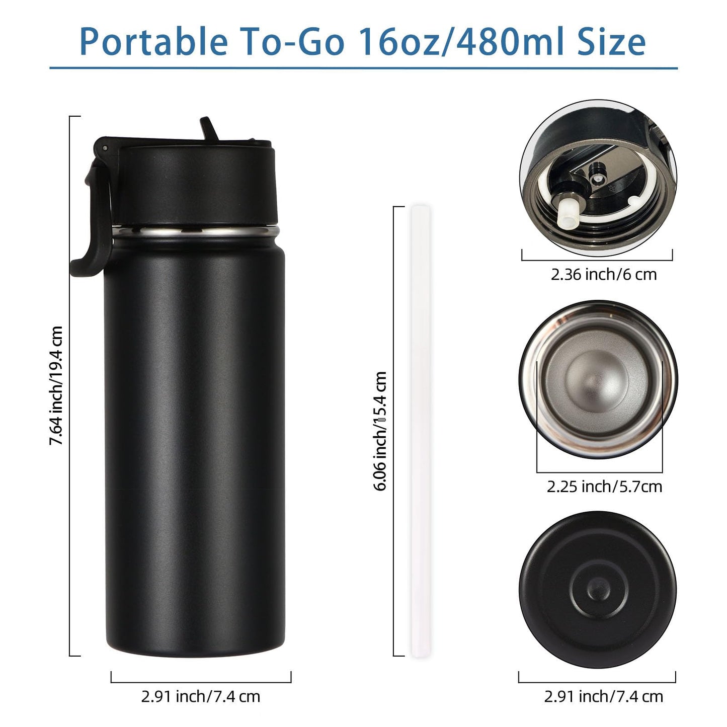 Volhoply 16 OZ Kids Water Bottle Bulk 8 Pack,Insulated Sports Bottles with Straw Lid,Stainless Steel Bottle with Handle Keep Cold & Hot,Double Wall Vacuum Tumbler Cups for School,Girls(Black, 8)