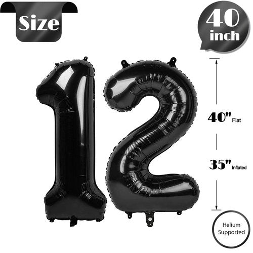 Black Number 12 Balloon 40 Inch, 12th Birthday Party Decorations for Children, Giant 12 Foil Balloon for Party Supplies