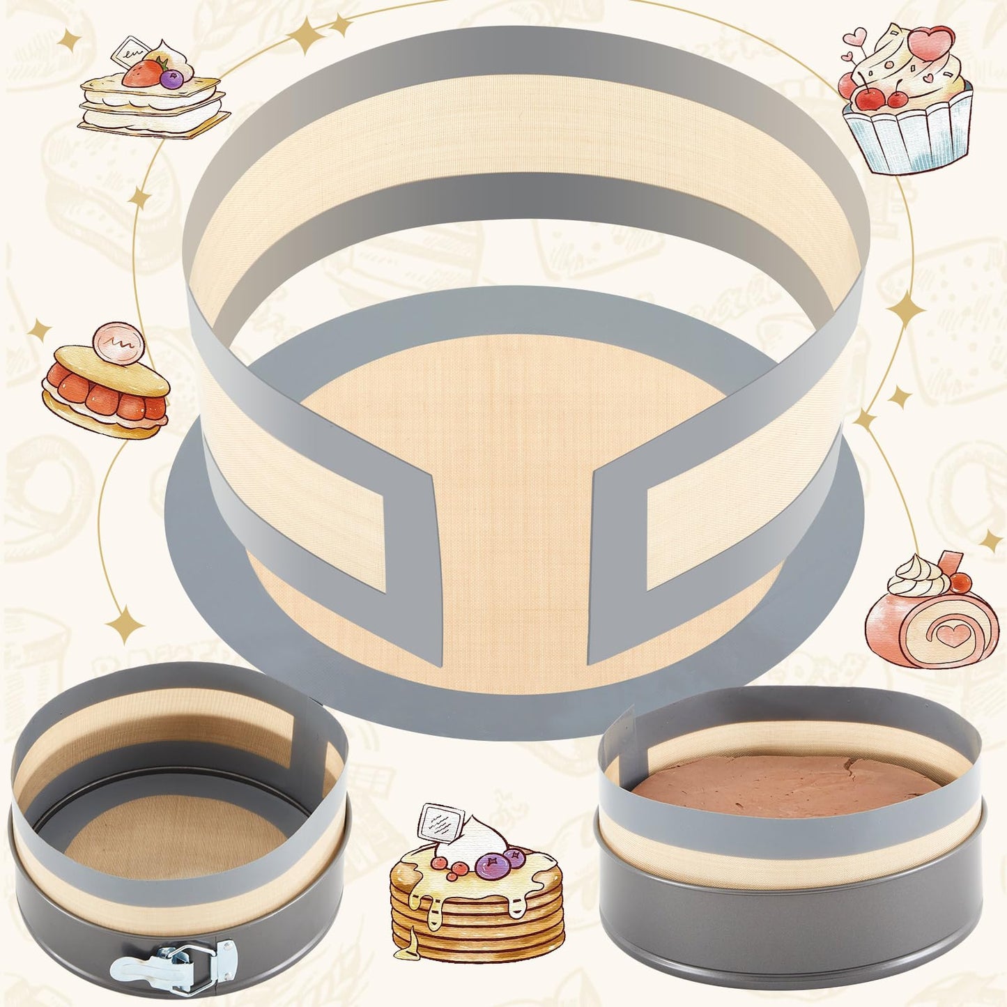 Honeydak 3 Set Silicone Baking Mat for 4, 7, 9 Inch Springform Pan Protector Nonstick Reusable Cake Pan Liners for Cheesecake Baking Prevent Sticking to Bottom & Side, Easy Release & Clean(Gray)