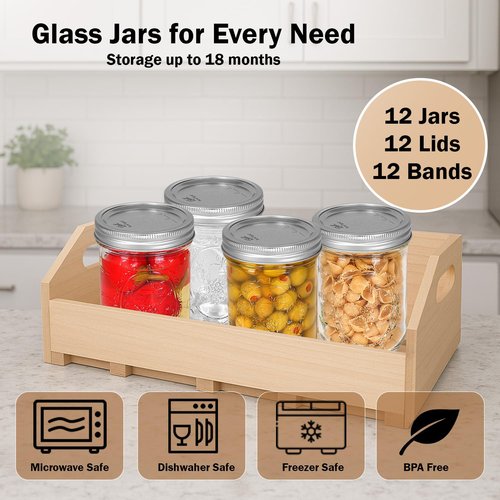 Ball Regular Mouth Mason Jars 8 oz. (12 Pack) - Half Pint Size Jars with Airtight Lids and Bands for Canning, Fermenting, Pickling, Meal Prep or DIY Decors and Projects Bundled with Peaknip Jar Opener