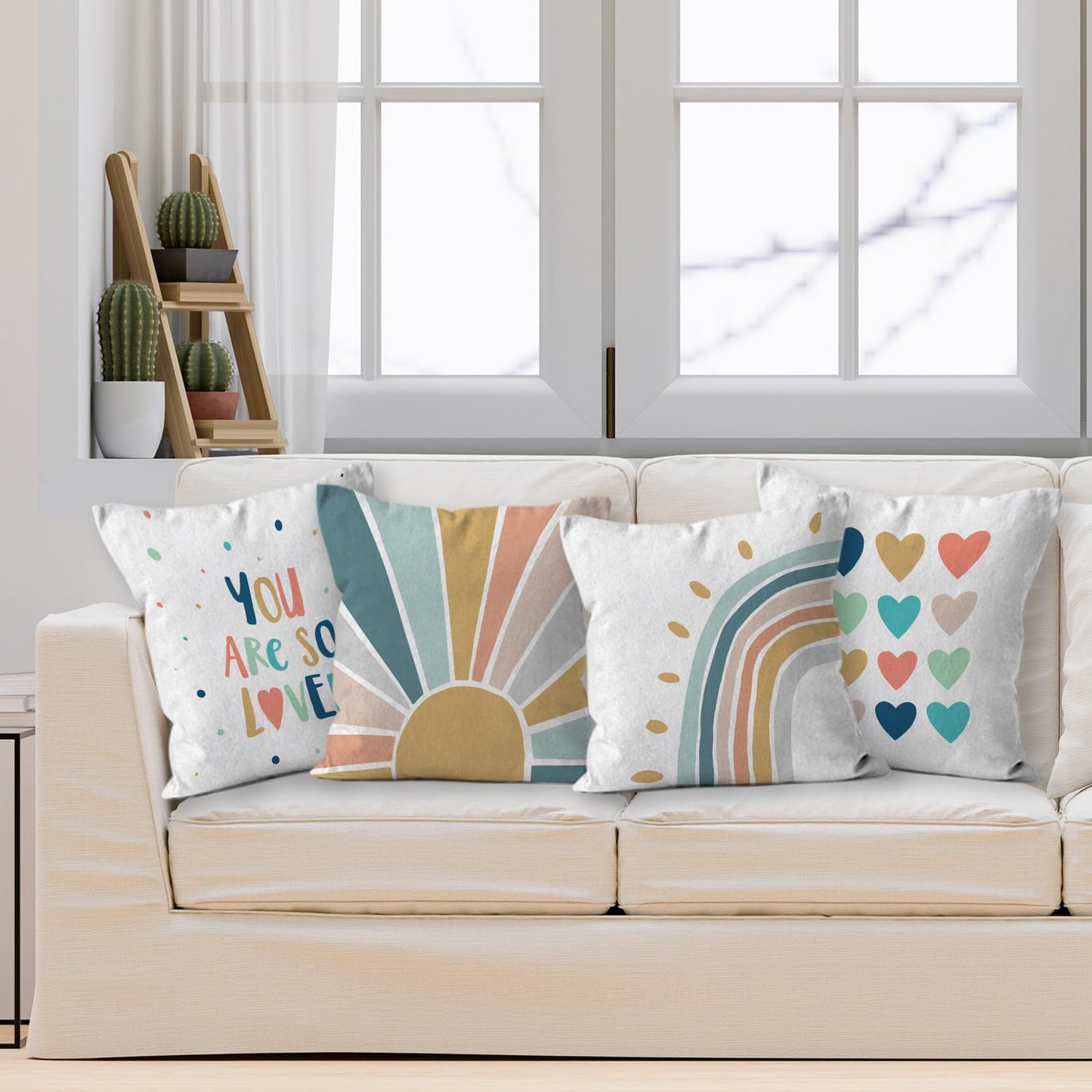 HIWX Boho Rainbow Pillow Cover, You are So Loved Decorative Throw Pillow Cover, Classroom Pillows, Sunshine Rainbow Sun for Classroom Nursery Room Decor Set of 4 Pillowcase 18 x 18
