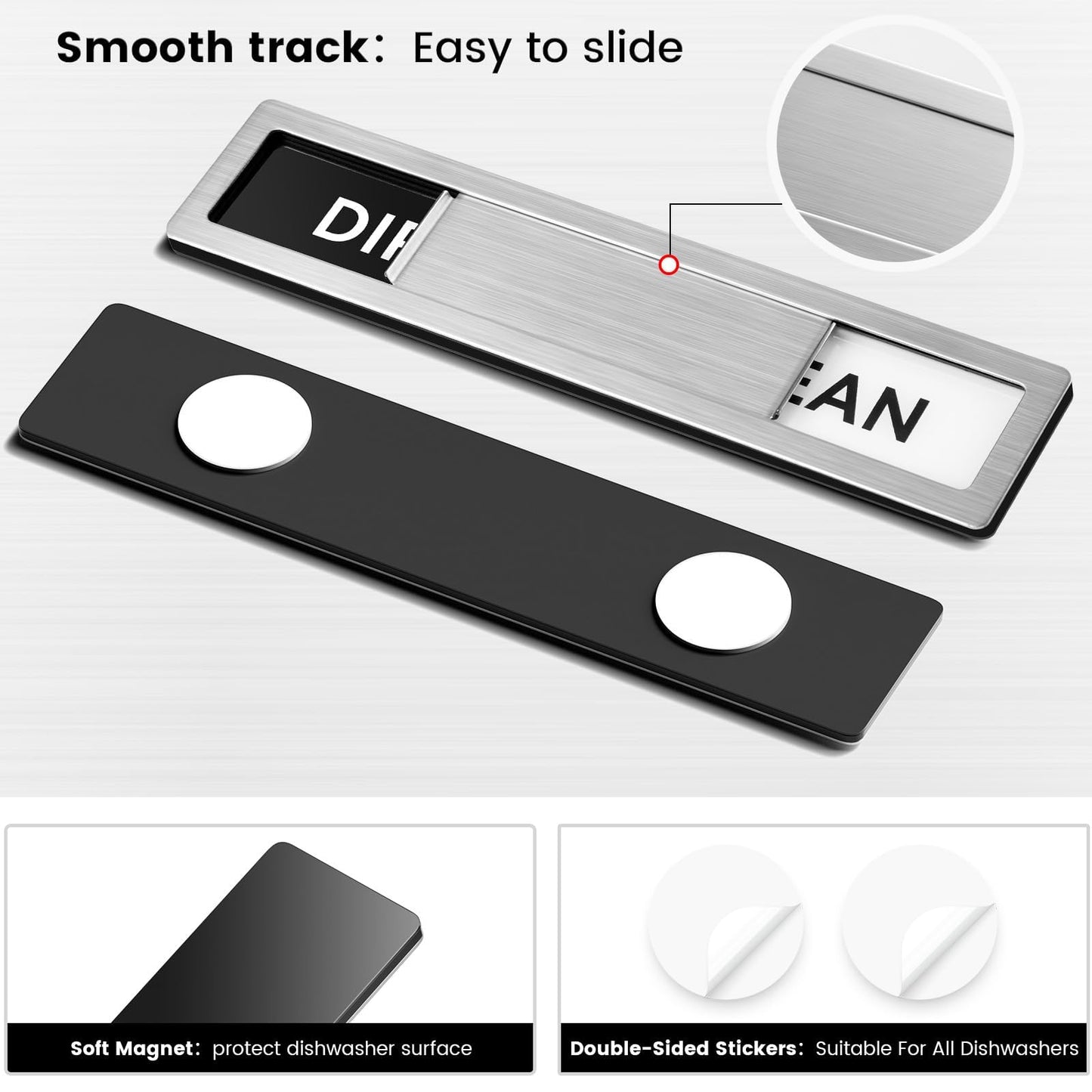 Dishwasher Magnet Clean Dirty Sign Stainless Steel Non-Scratch Strong Magnet Extra Adhesive Options Easy to Slide and Read Tells You Whether Dishes are Clean or Dirty (Grey/White Style)