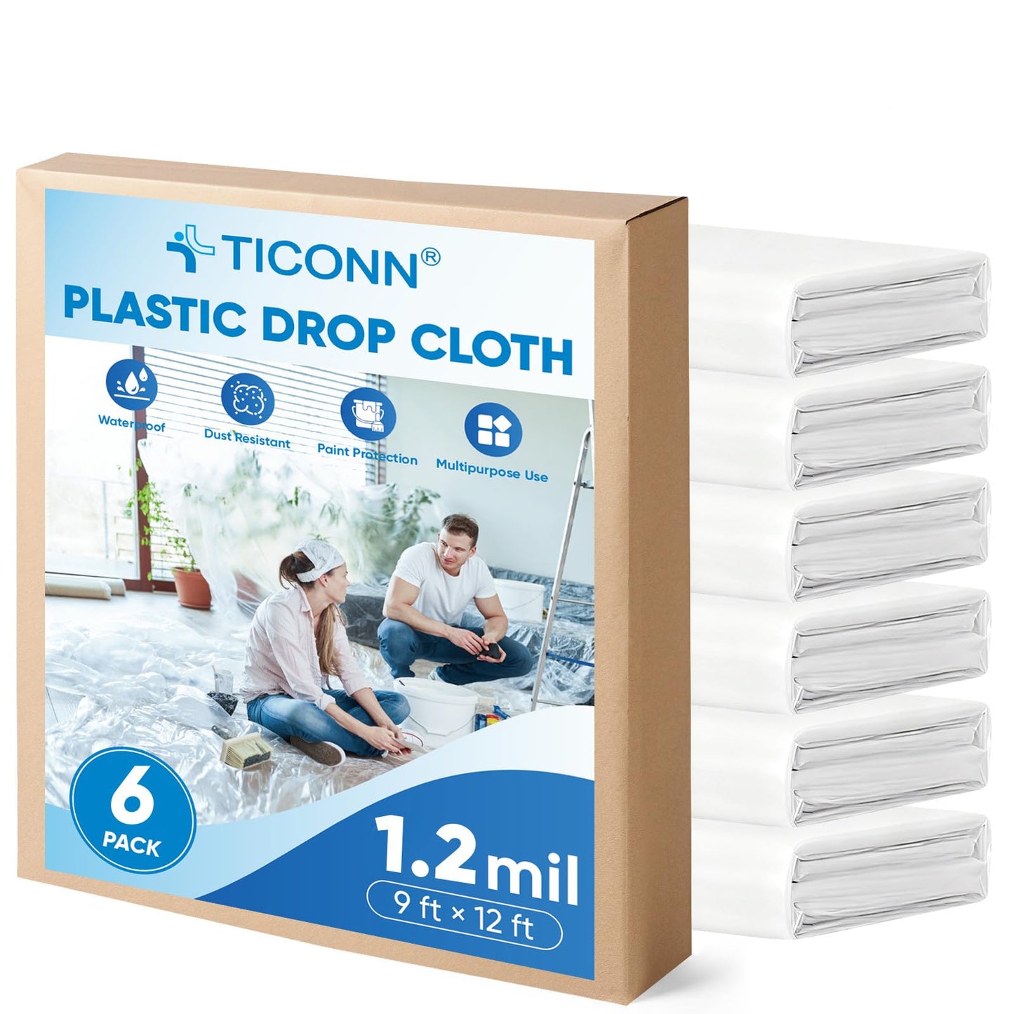 TICONN 12 x 9 Ft Plastic Drop Cloth for Painting, Waterproof Painters Plastic Sheeting, Painting Tarp for Furniture Cover, Floor Protection (6PK, 1.2Mil)