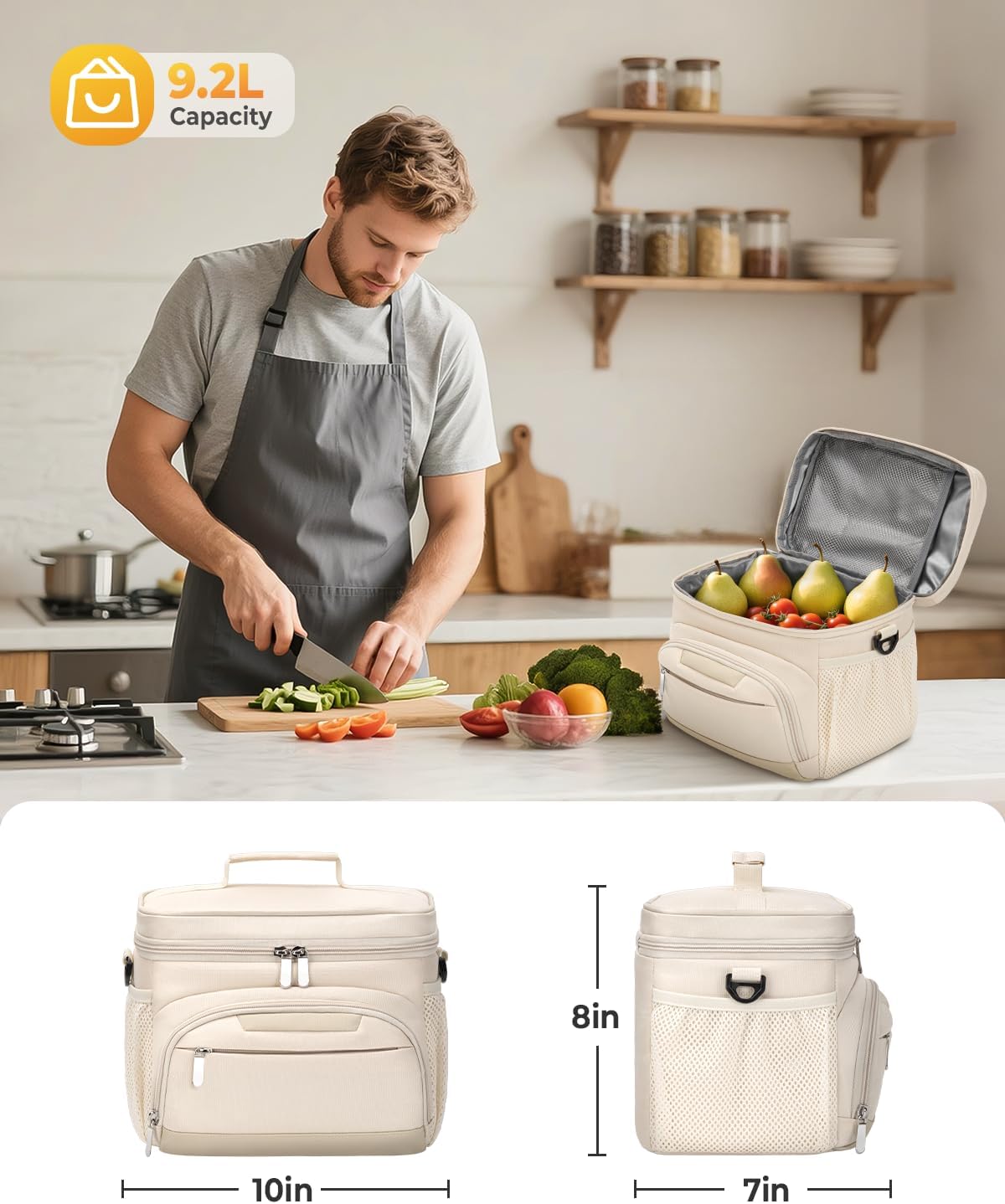 Skiennix Insulated Lunch Box - Leakproof Soft Cooler Tote Bag with Adjustable Strap - Beige, 12-Can (8L)