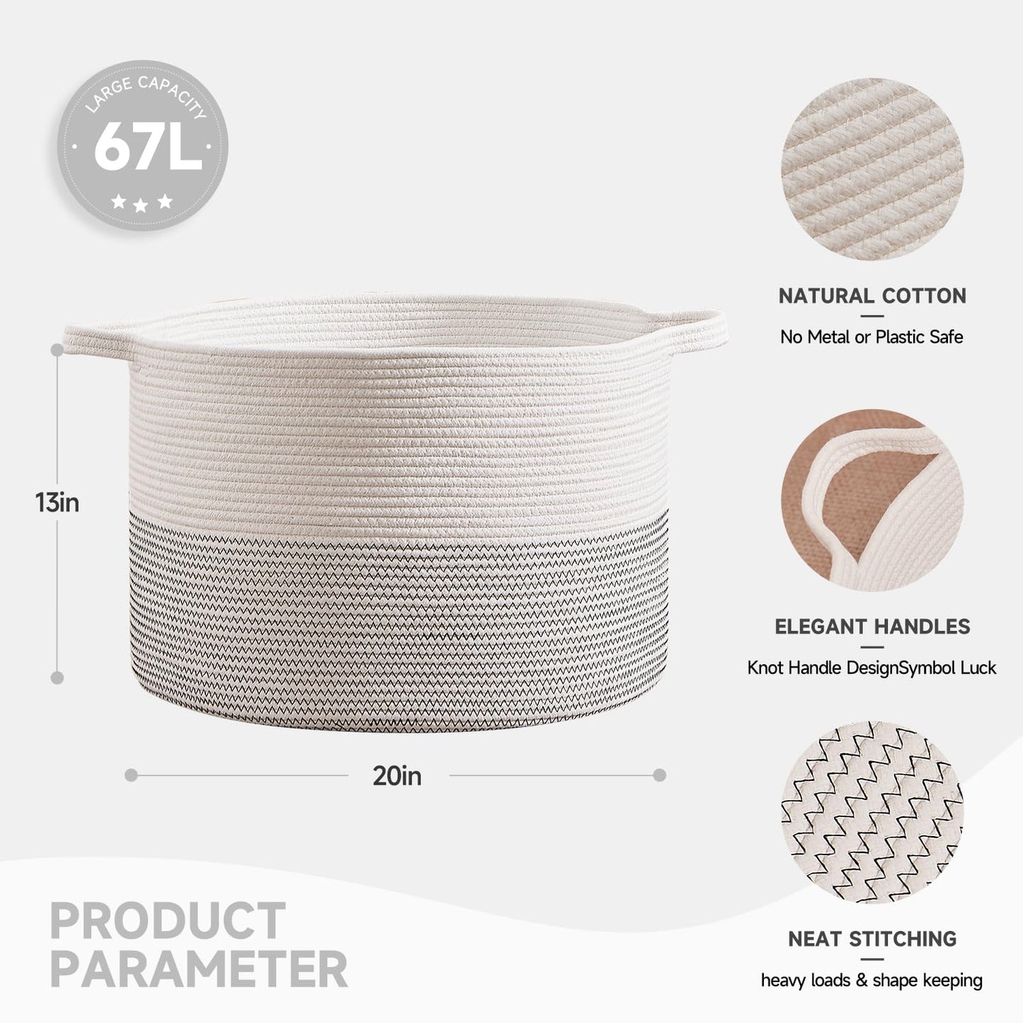 CLHMILY&Z Large Storage Basket - 20x13 Inches - Blanket Basket for Living Room, Woven Storage Basket, Large Laundry Basket for Clothes, for Tree Plant, Mix White