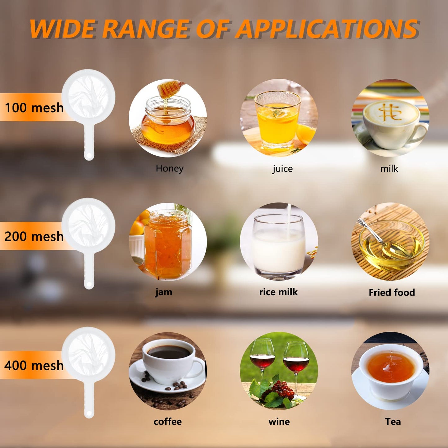 Kitchen Ultra-Fine Nylon Mesh Strainer 5.51 Inch, Plastic Sieve Fine Mesh with Handle Kitchen Tool For Soy Milk, Coffee, Milk, Yogurt, Juice,Tea Leaf Filter, Honey, Wine (400 mesh)