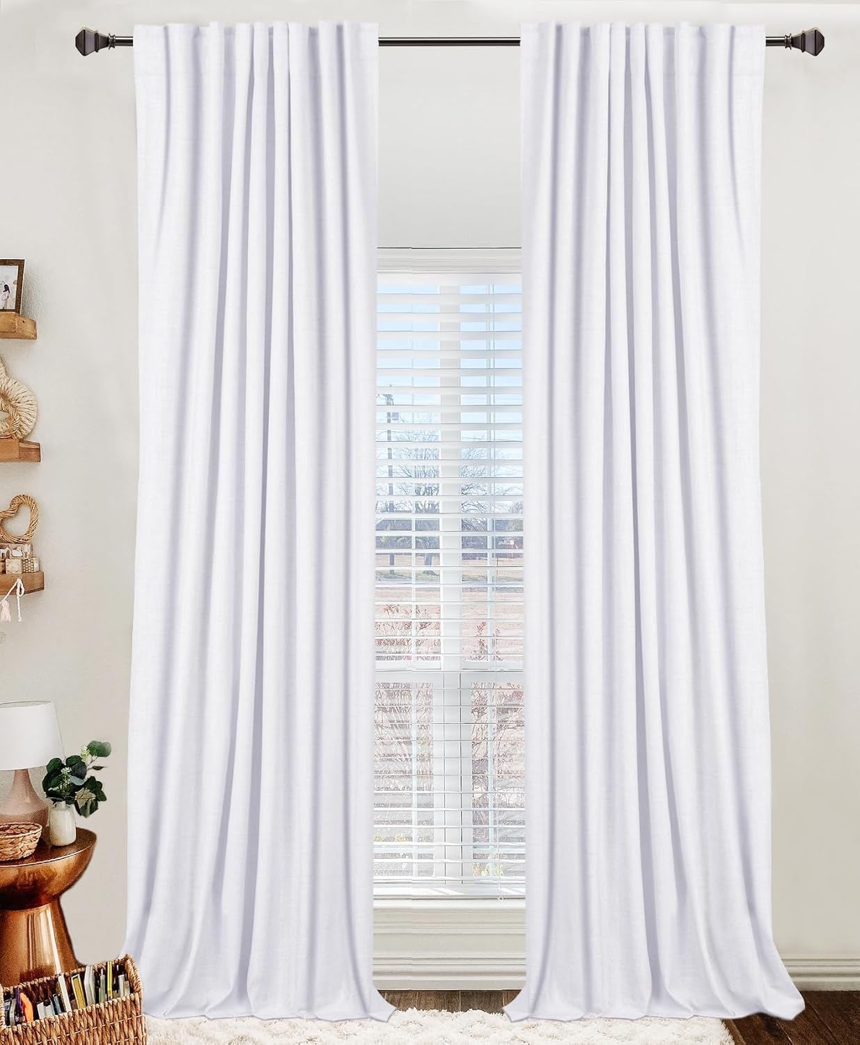Skiennix 100% Blackout Linen Curtains - Thermal Insulated Drapes for Bedroom | 50" W x 96" L, Bright White