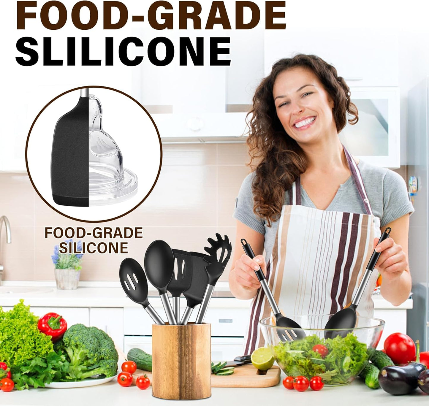 Skiennix Silicone Cooking Utensils Set - 5 Heat Resistant Kitchen Tools for Nonstick Cookware | Black
