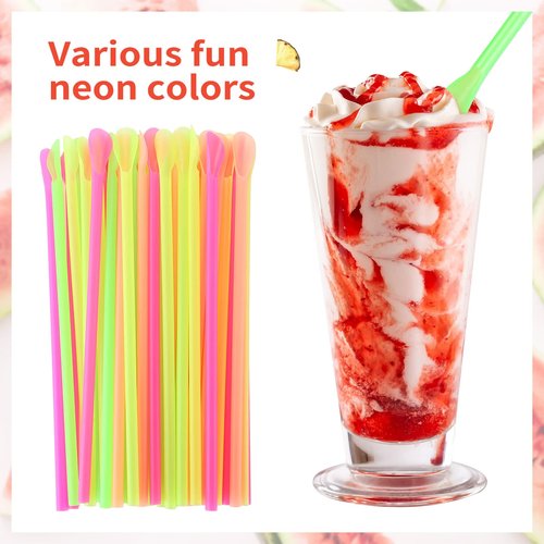 Eaasty 1000 Pcs Snow Cone Spoon Straws, Flexible Plastic Flexible Disposable Drinking Straws, Disposable Plastic Sip Stir Sticks (Yellow,Green,Orange,Rose Red)