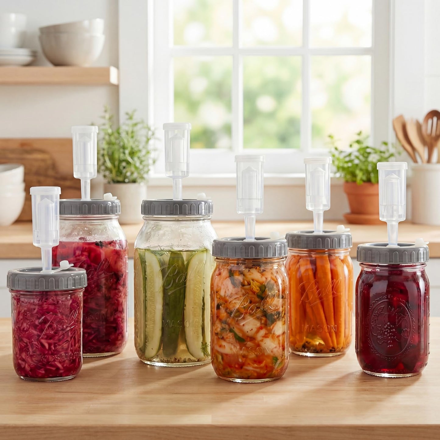 Singhoow 4 Pack Mason Jar Fermentation Kit Fermenting Lids with Airlocks and Glass Weights Wide Mouth Mason Jars Fermentation Supplies for Sauerkraut Pickles Kimchi (Jars Not Included)