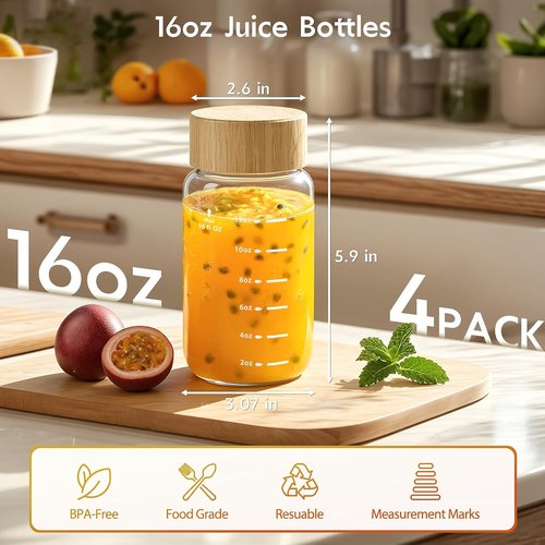 Freshmage Borosilicate Glass Water Bottles - Durable 16 oz Wide Mouth, Leak-Proof & BPA-Free (4 Pack)