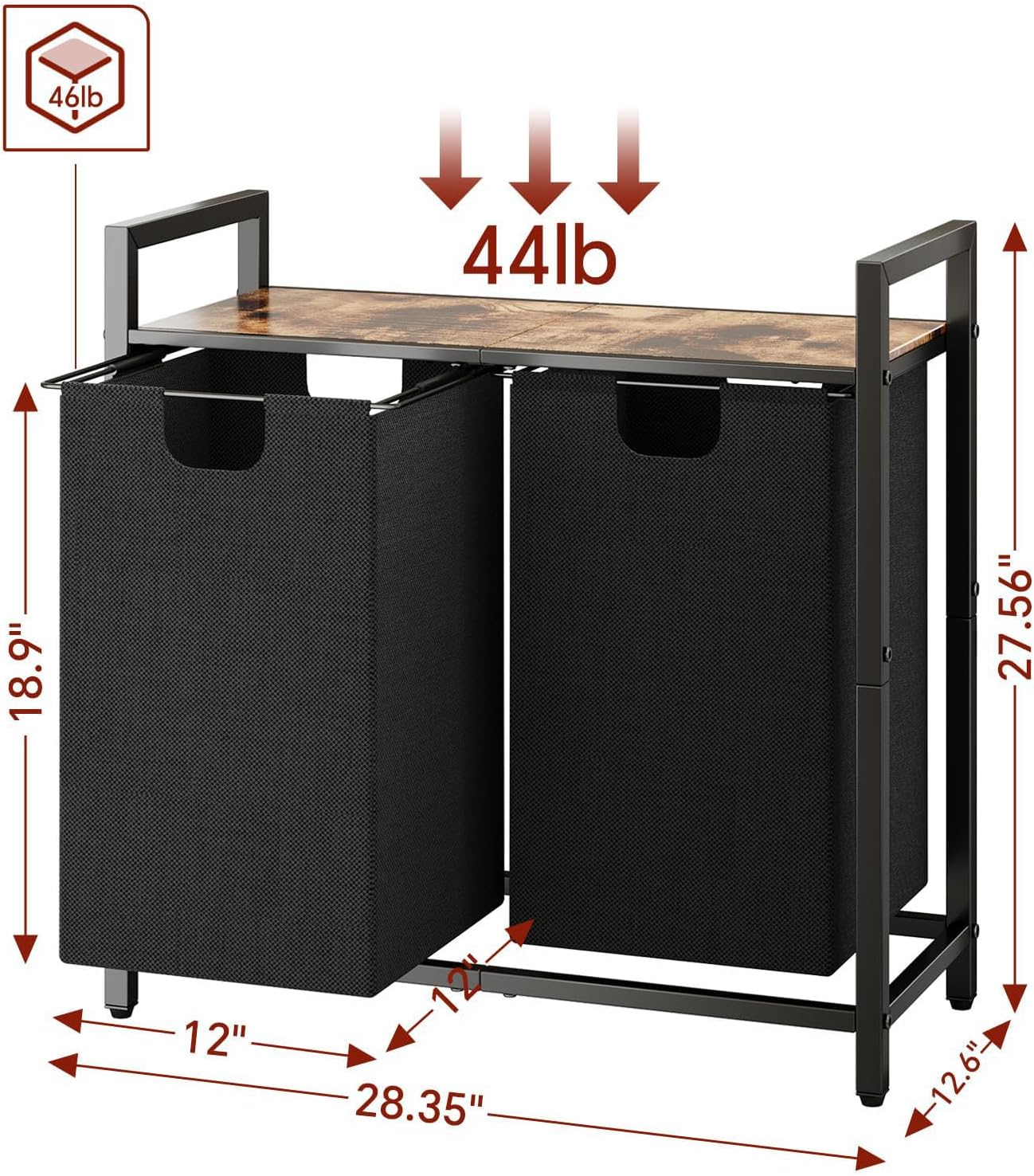 Kitstorack Laundry Basket Organizer - Hamper with Shelf & 2 Removable Bags | 2 x 11.8 Gallons (44.5L)