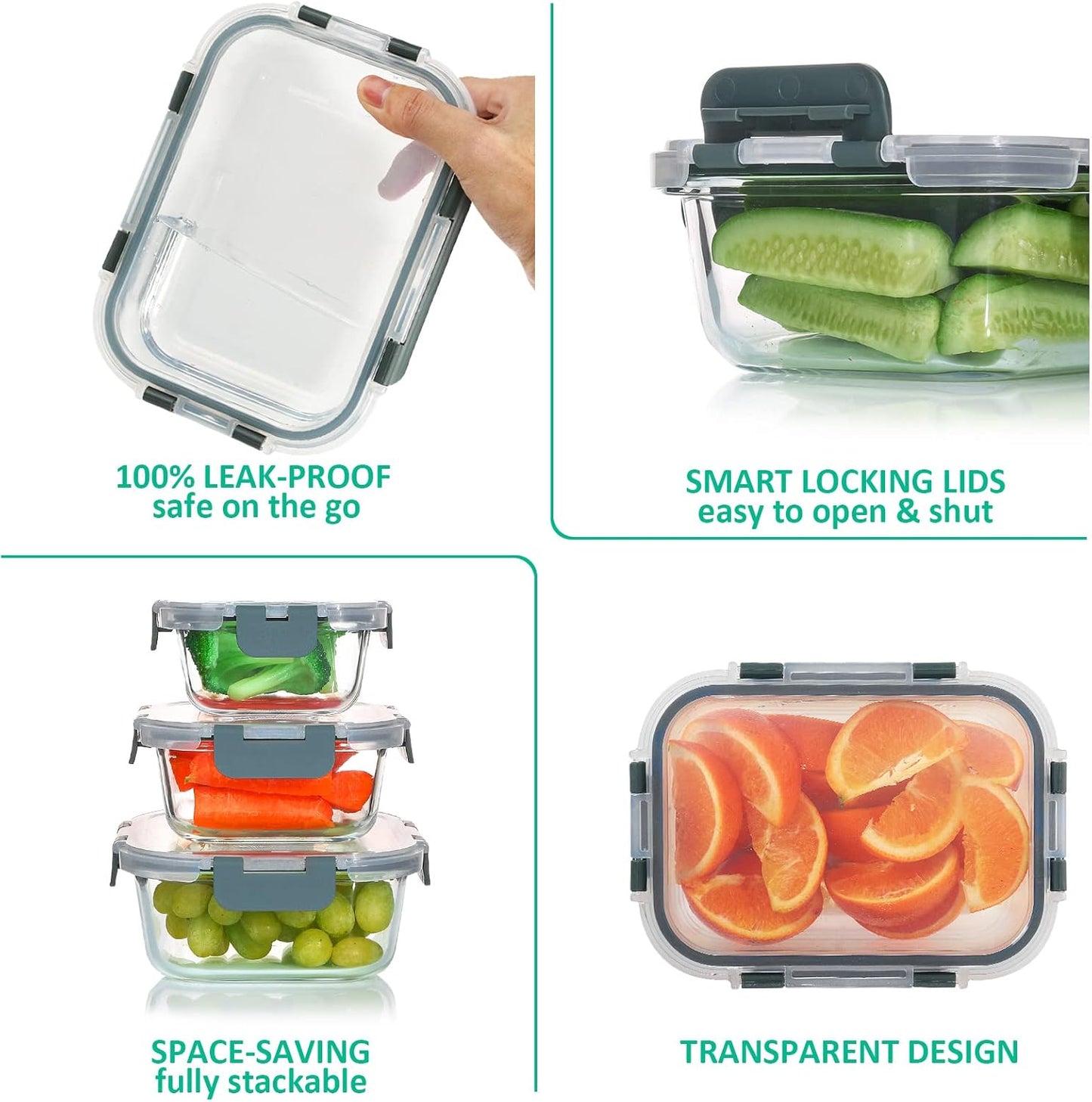 KOMUEE Glass Food Storage Containers Set - 24 Stackable Airtight Meal Prep Containers | Microwave & Oven Safe, Gray